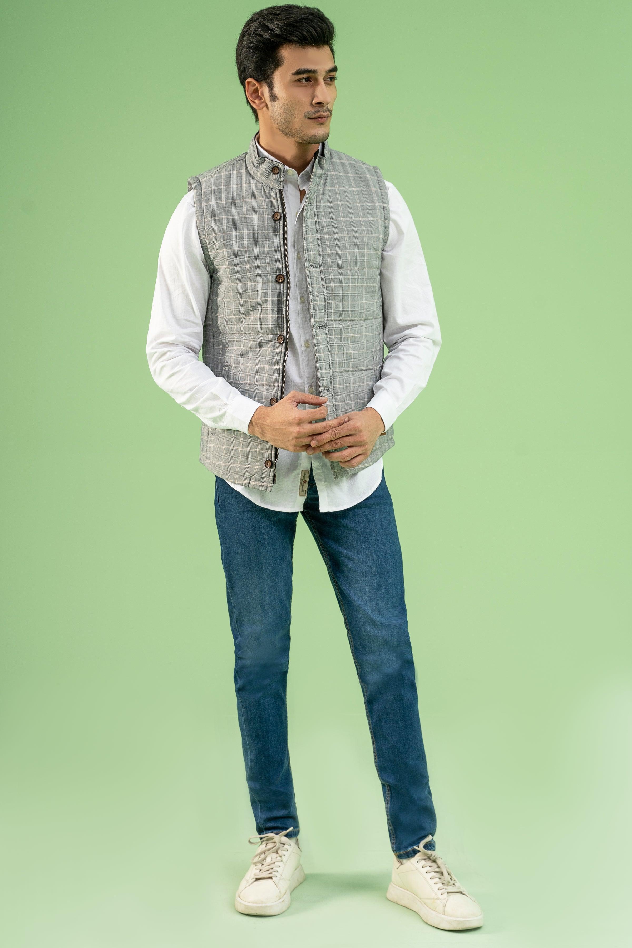 SLEEVELESS CHECK QUILTED JACKET GREY BLACK at Charcoal Clothing