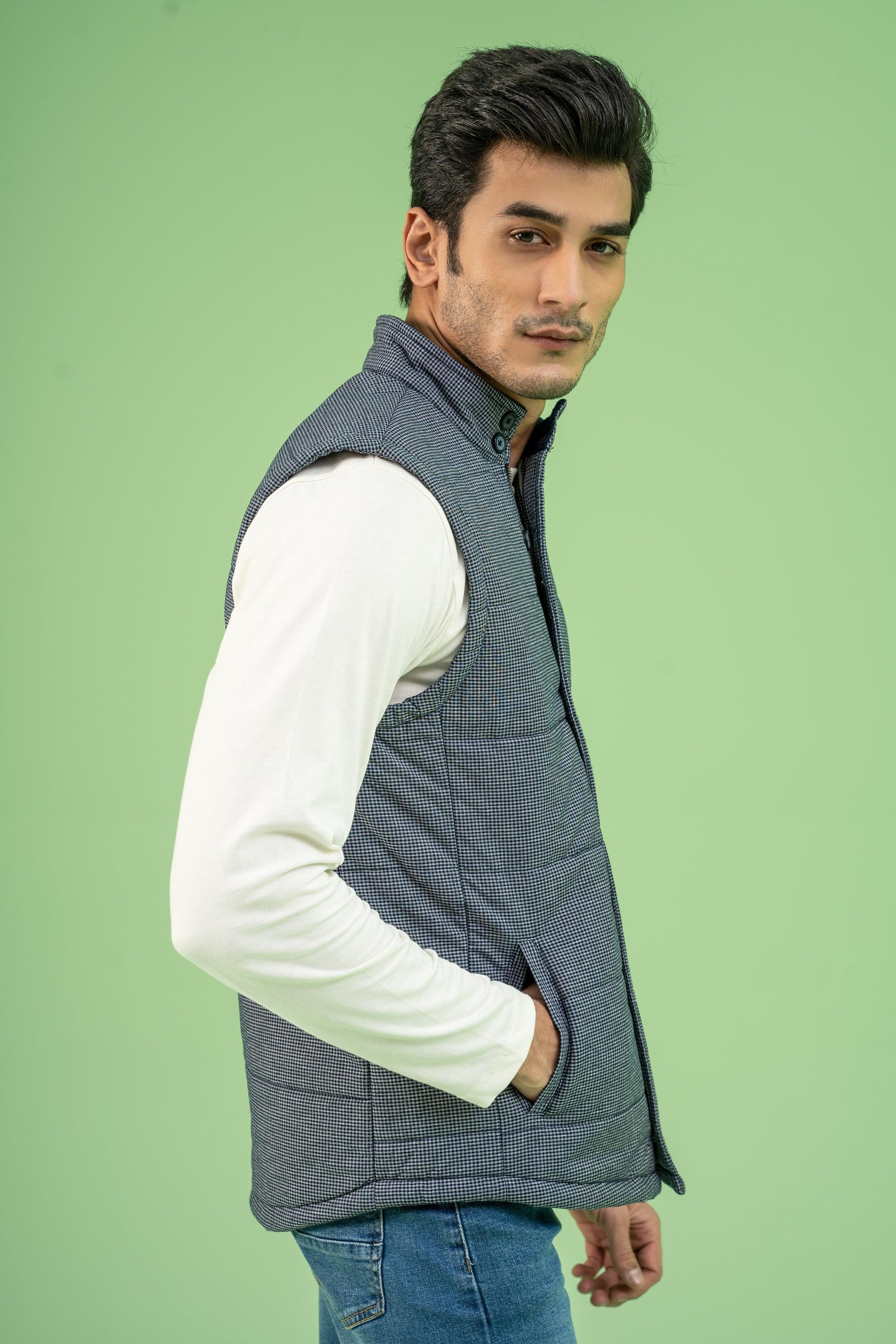 SLEEVELESS CHECK QUILTED JACKET NAVY GREY at Charcoal Clothing