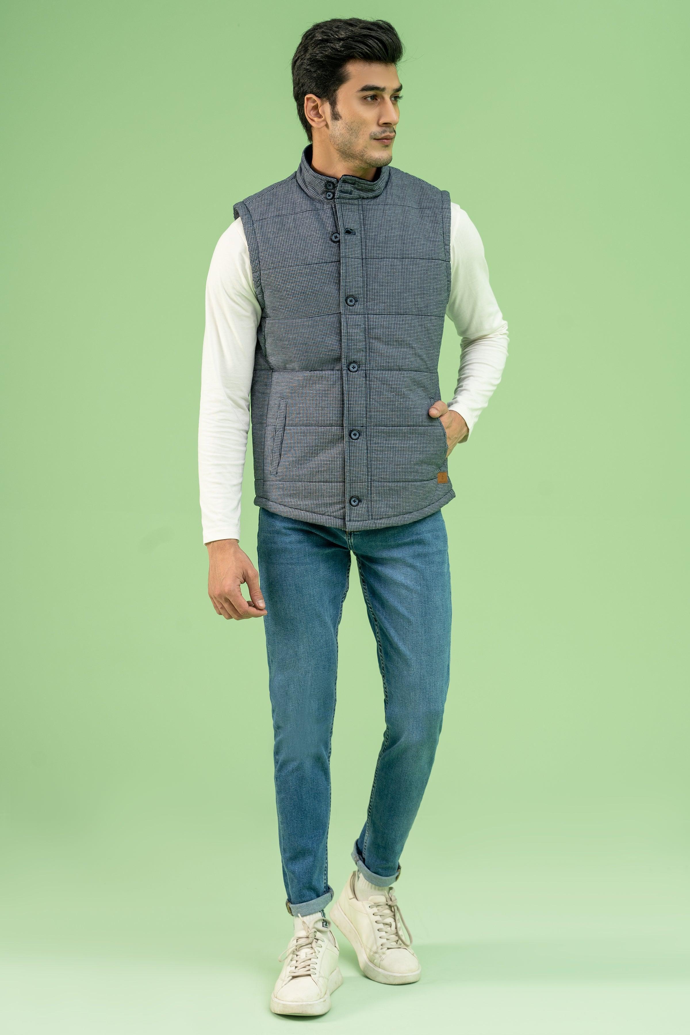 SLEEVELESS CHECK QUILTED JACKET NAVY GREY at Charcoal Clothing