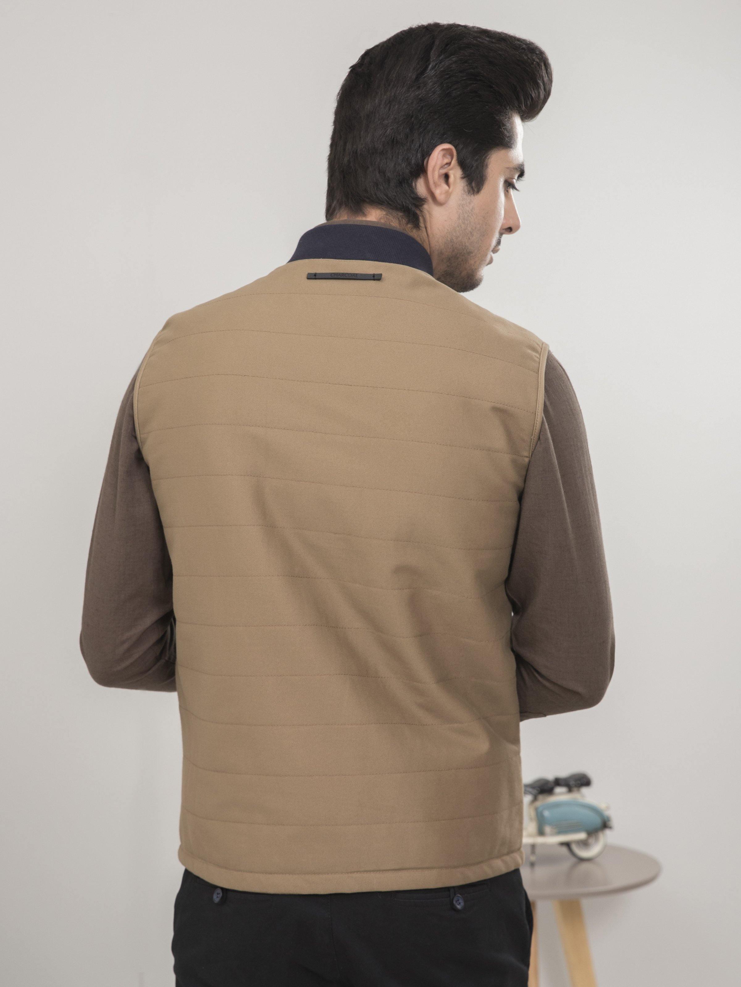 SLEEVELESS QUILTED DARK KHAKI JACKET at Charcoal Clothing