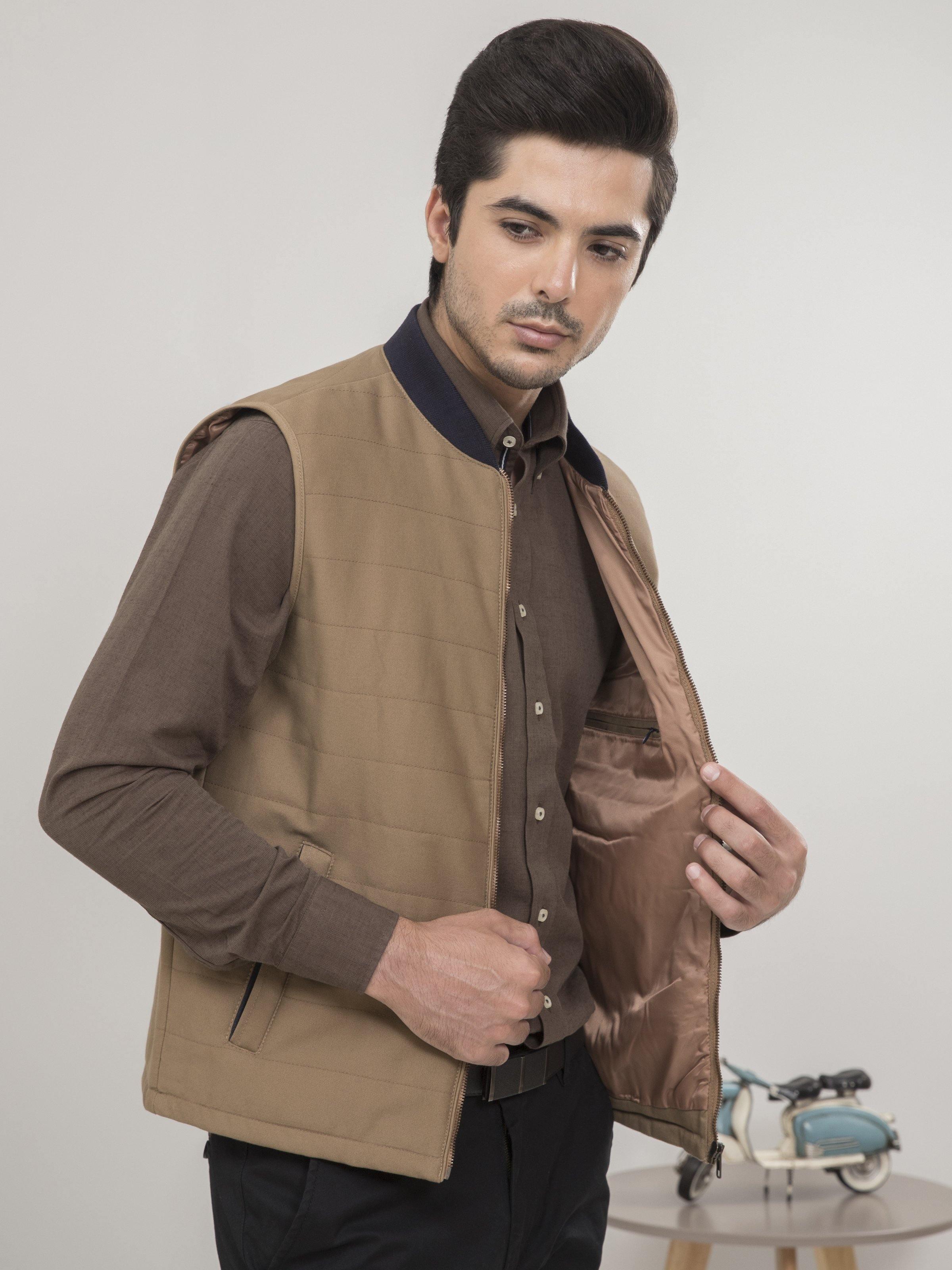 SLEEVELESS QUILTED DARK KHAKI JACKET at Charcoal Clothing