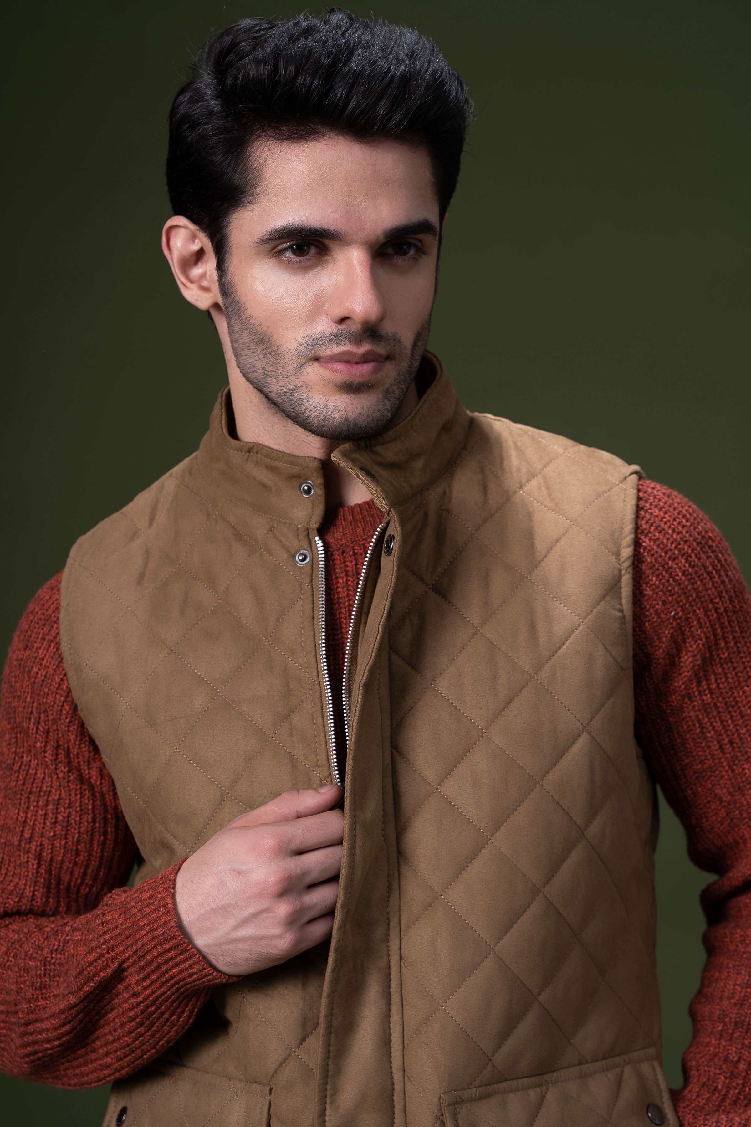 SLEEVELESS QUILTED JACKET KHAKI at Charcoal Clothing