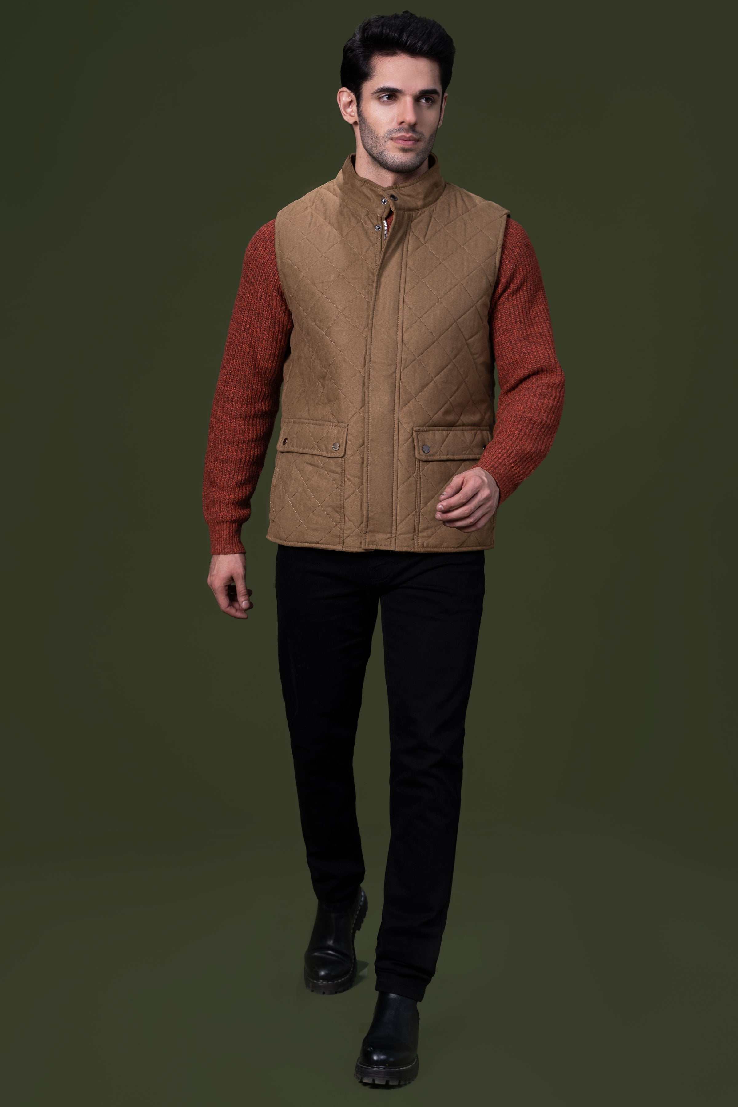 SLEEVELESS QUILTED JACKET KHAKI at Charcoal Clothing