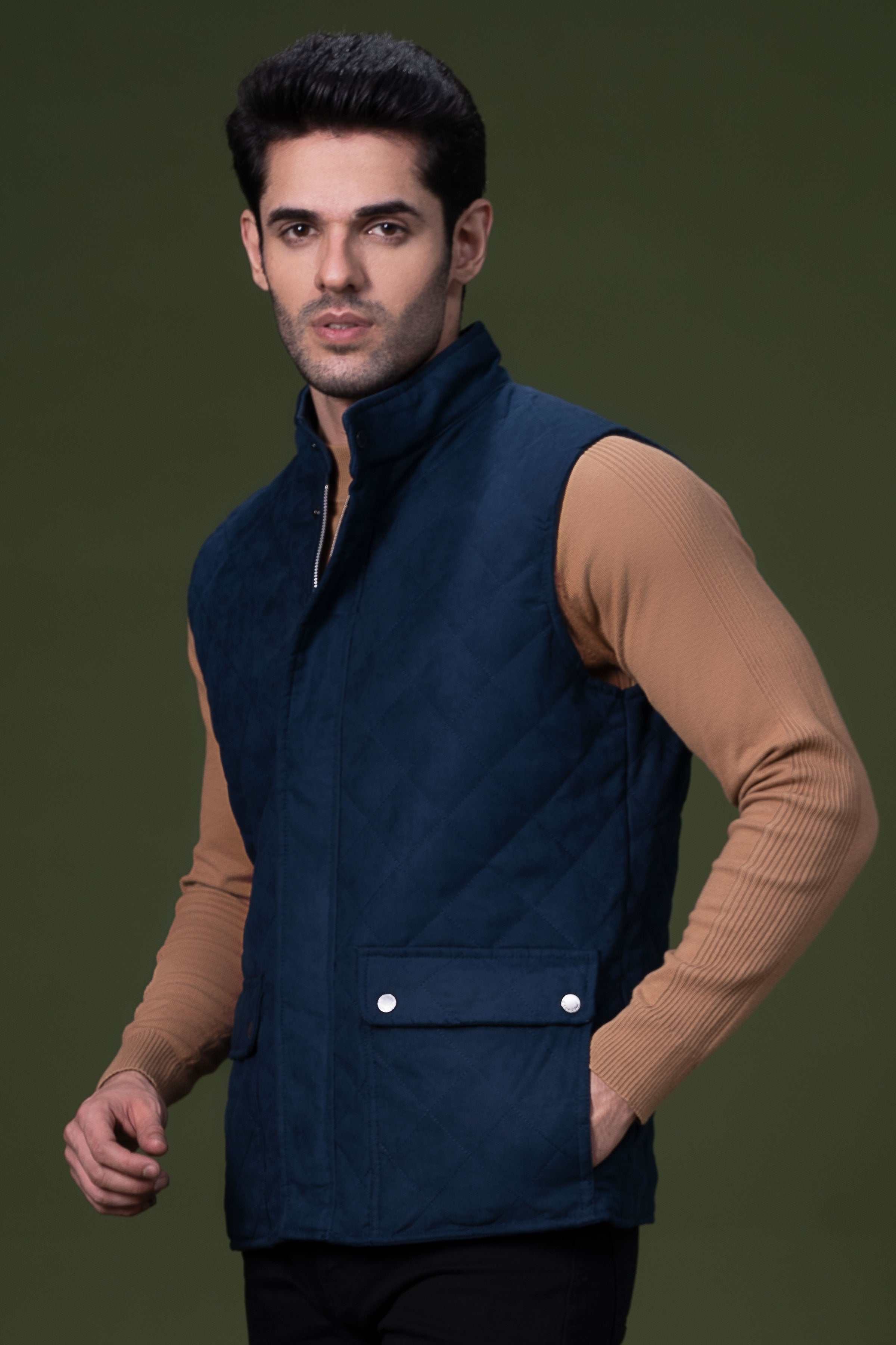 SLEEVELESS QUILTED JACKET NAVY at Charcoal Clothing