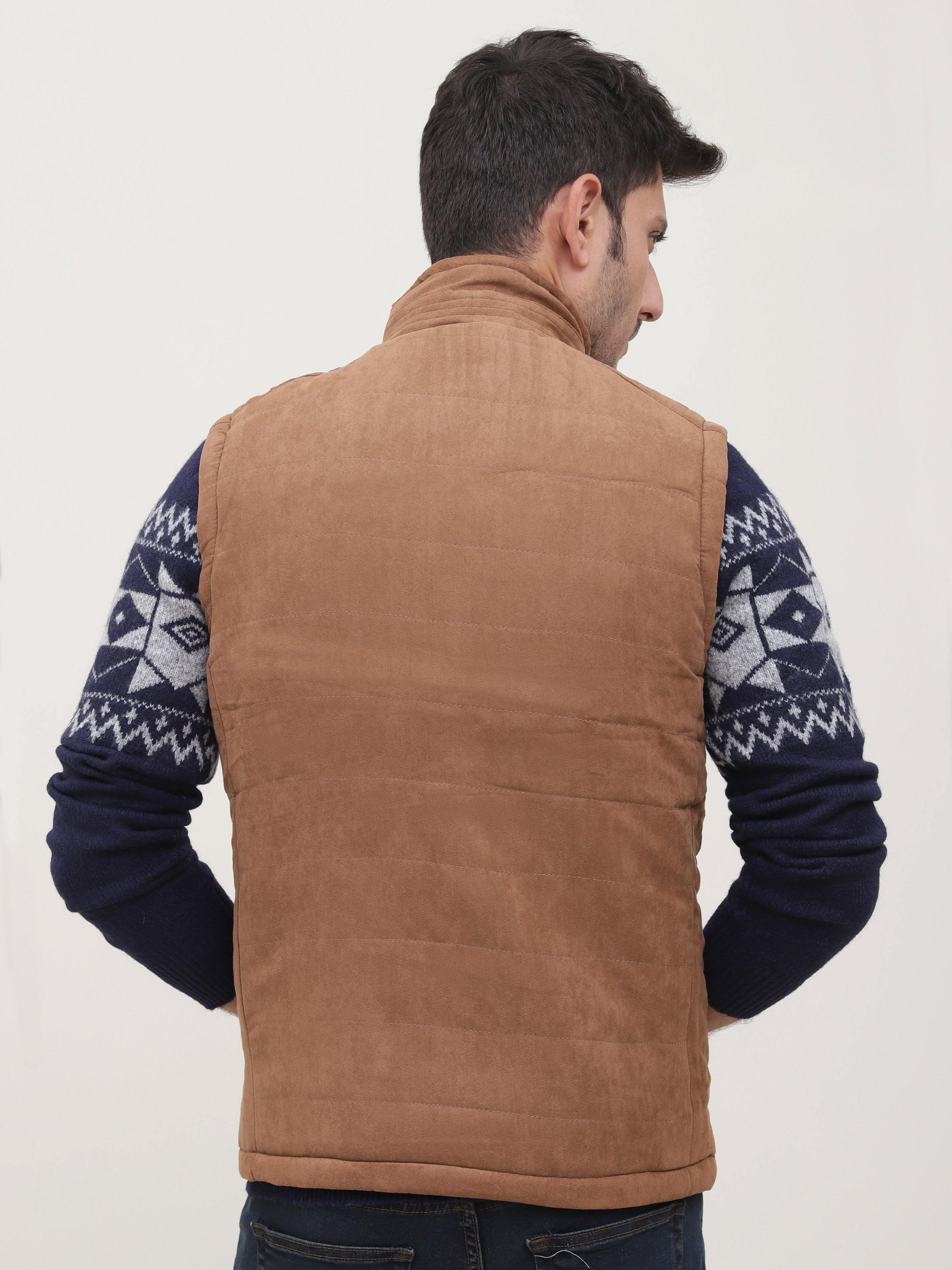 Reversible sleeveless jacket back view in brown with stand collar and quilted finish