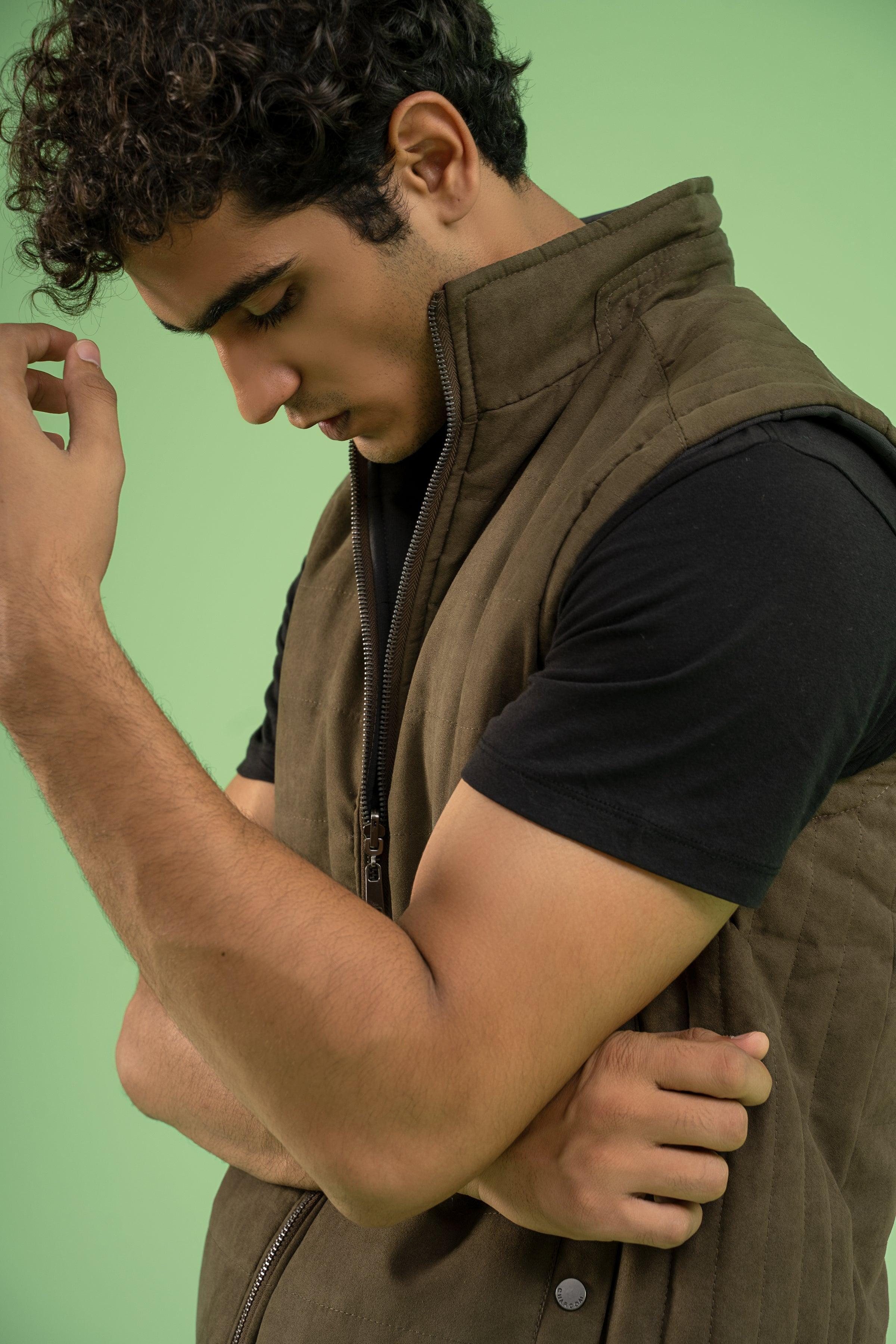 SLEEVELESS REVERSIBLE SUEDE JACKET GREEN at Charcoal Clothing