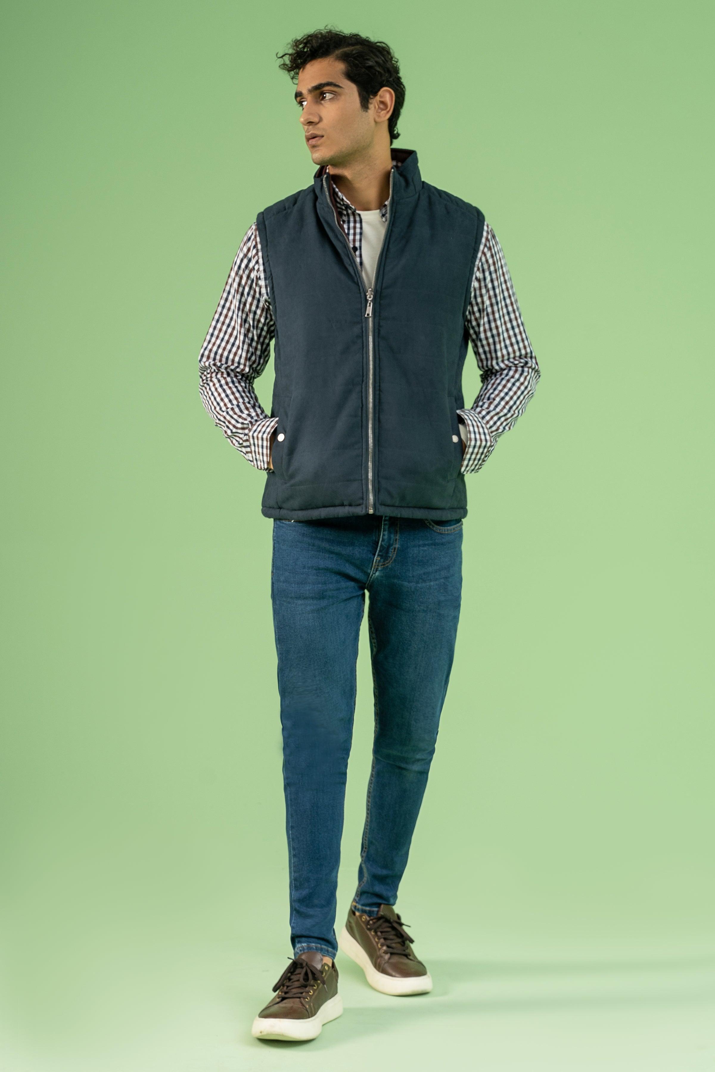 SLEEVELESS REVERSIBLE SUEDE JACKET NAVY at Charcoal Clothing