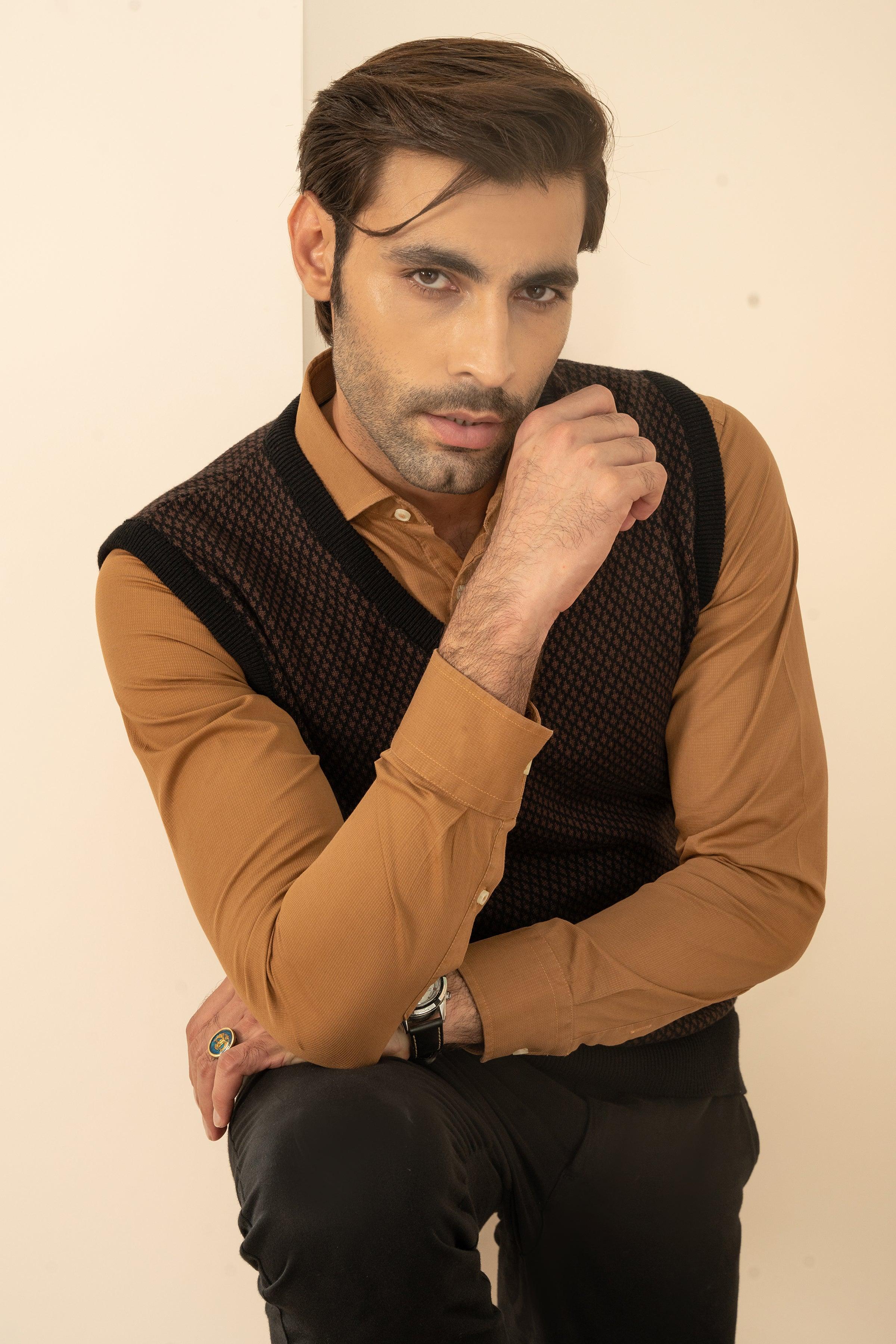 Dark brown knit sleeveless sweater with V-neck and allover textured weave