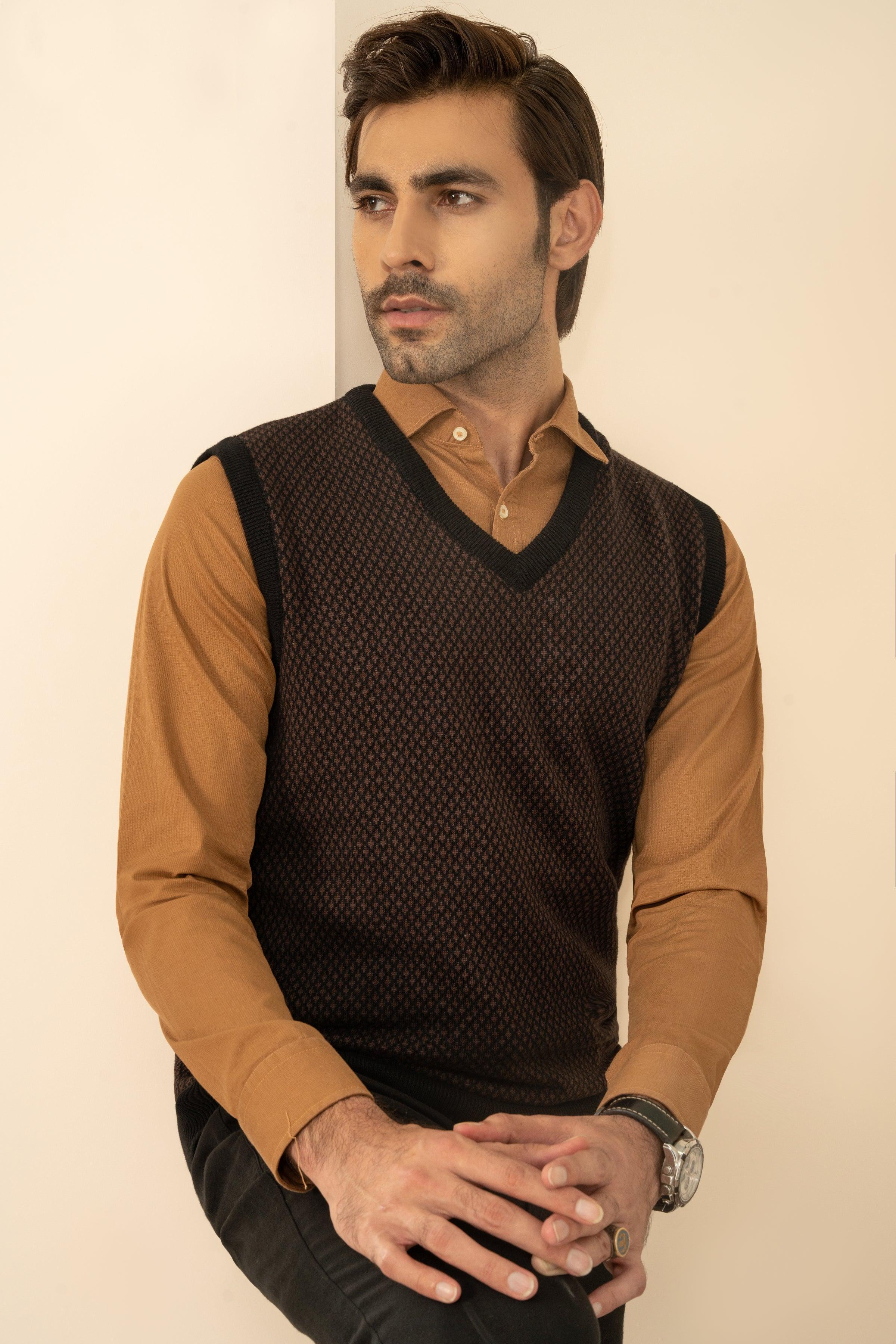 Dark brown knit sleeveless sweater with V-neck and fine texture