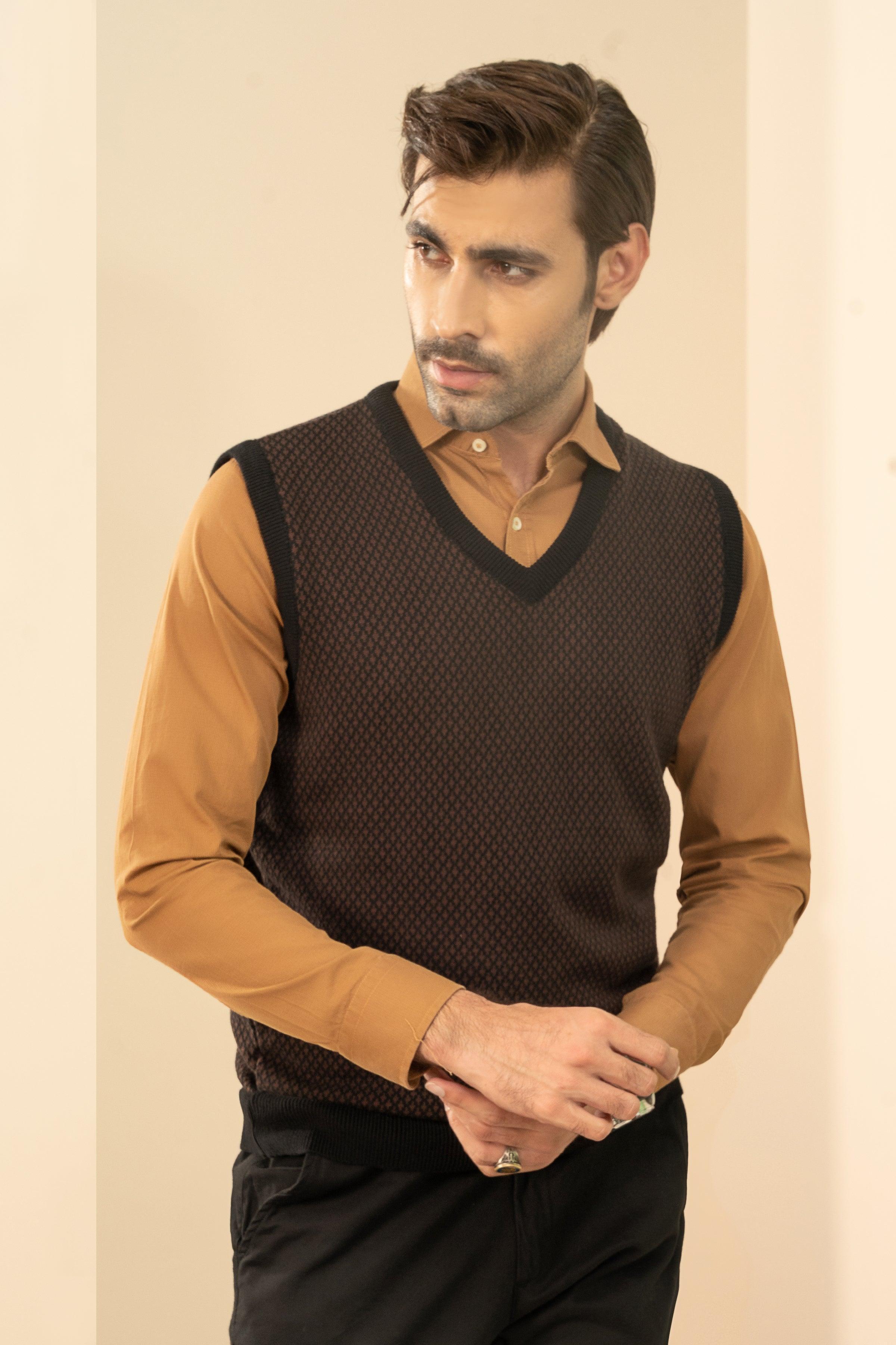 Dark brown knit sweater vest with V-neck and textured body