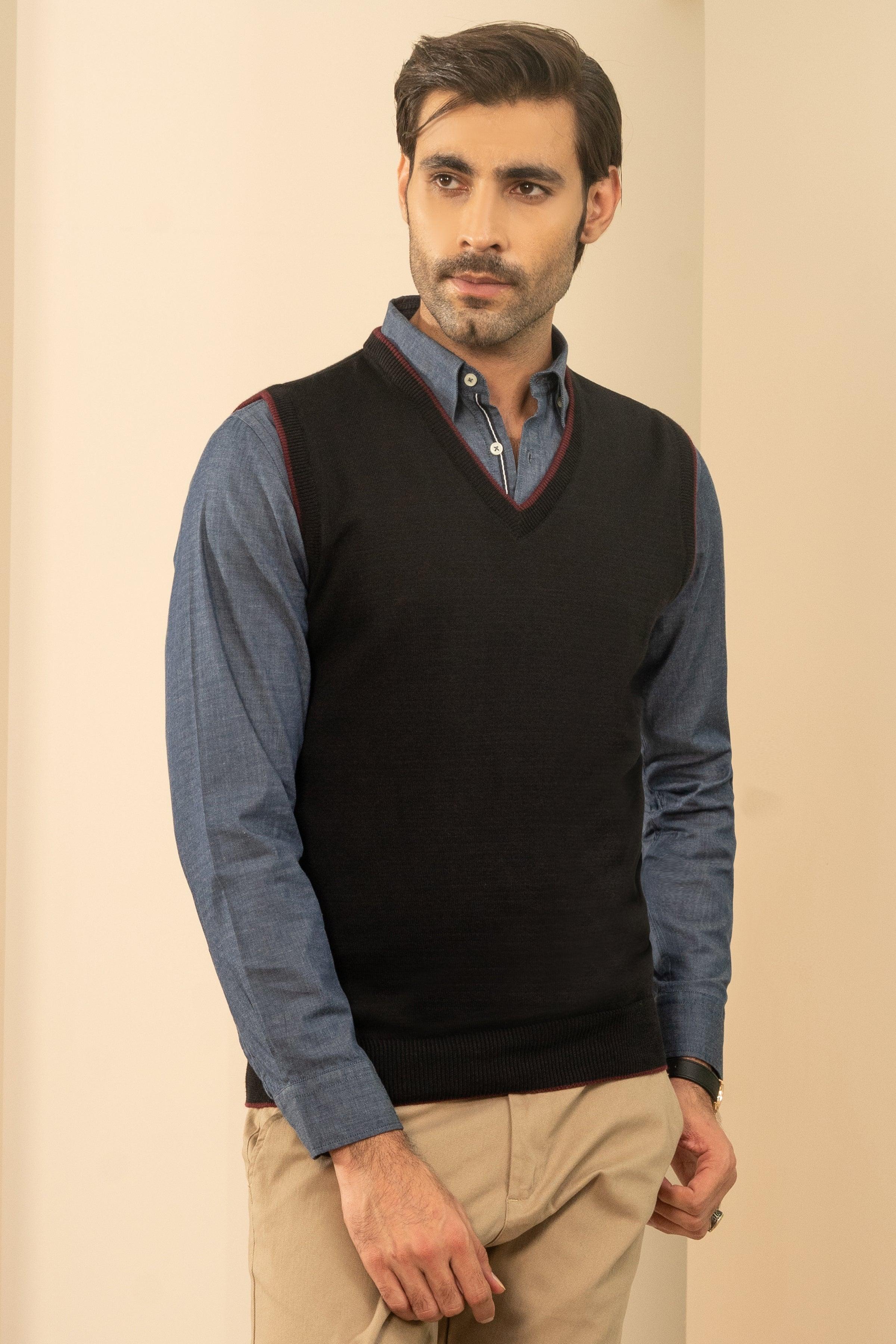 Men's black sleeveless sweater vest with V-neck and maroon collar trim