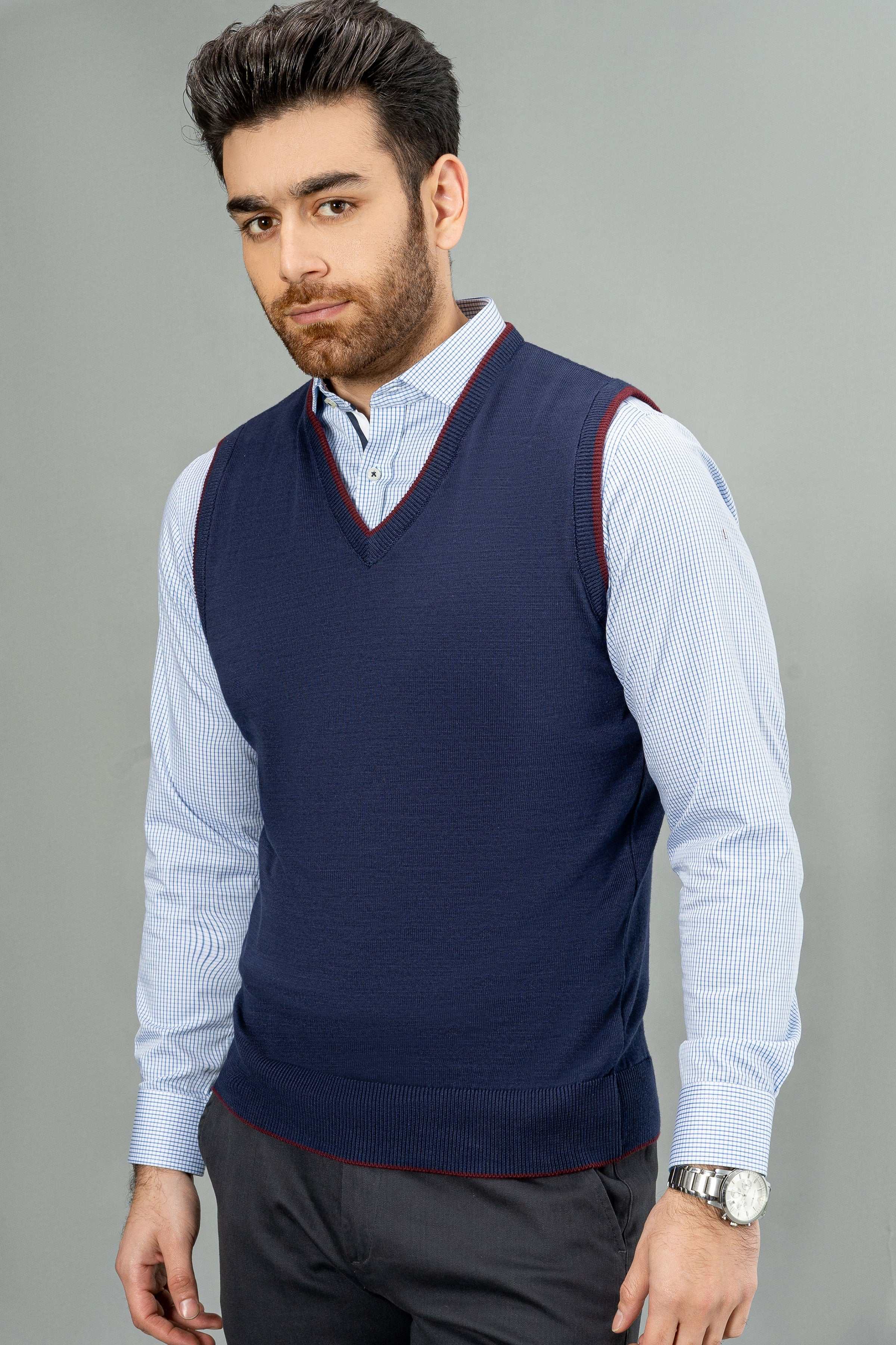SLEEVELESS SWEATER NAVY GREY at Charcoal Clothing