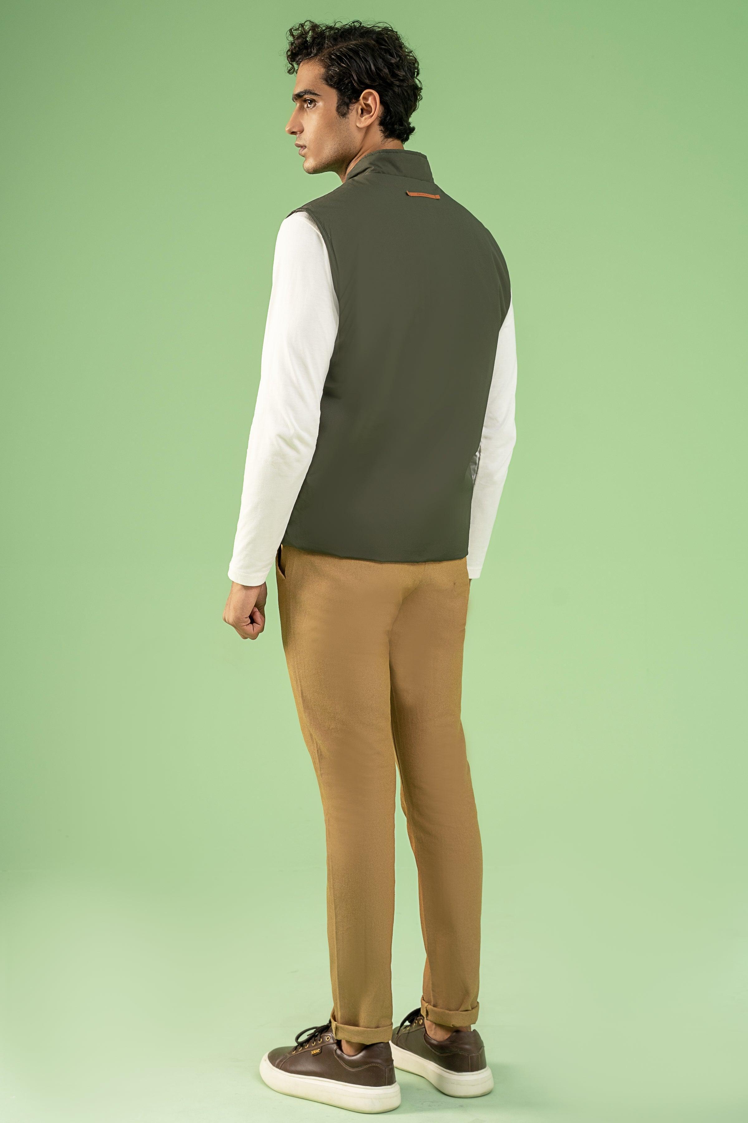 SLEEVELESS WADDED COTTON JACKET DARK OLIVE at Charcoal Clothing