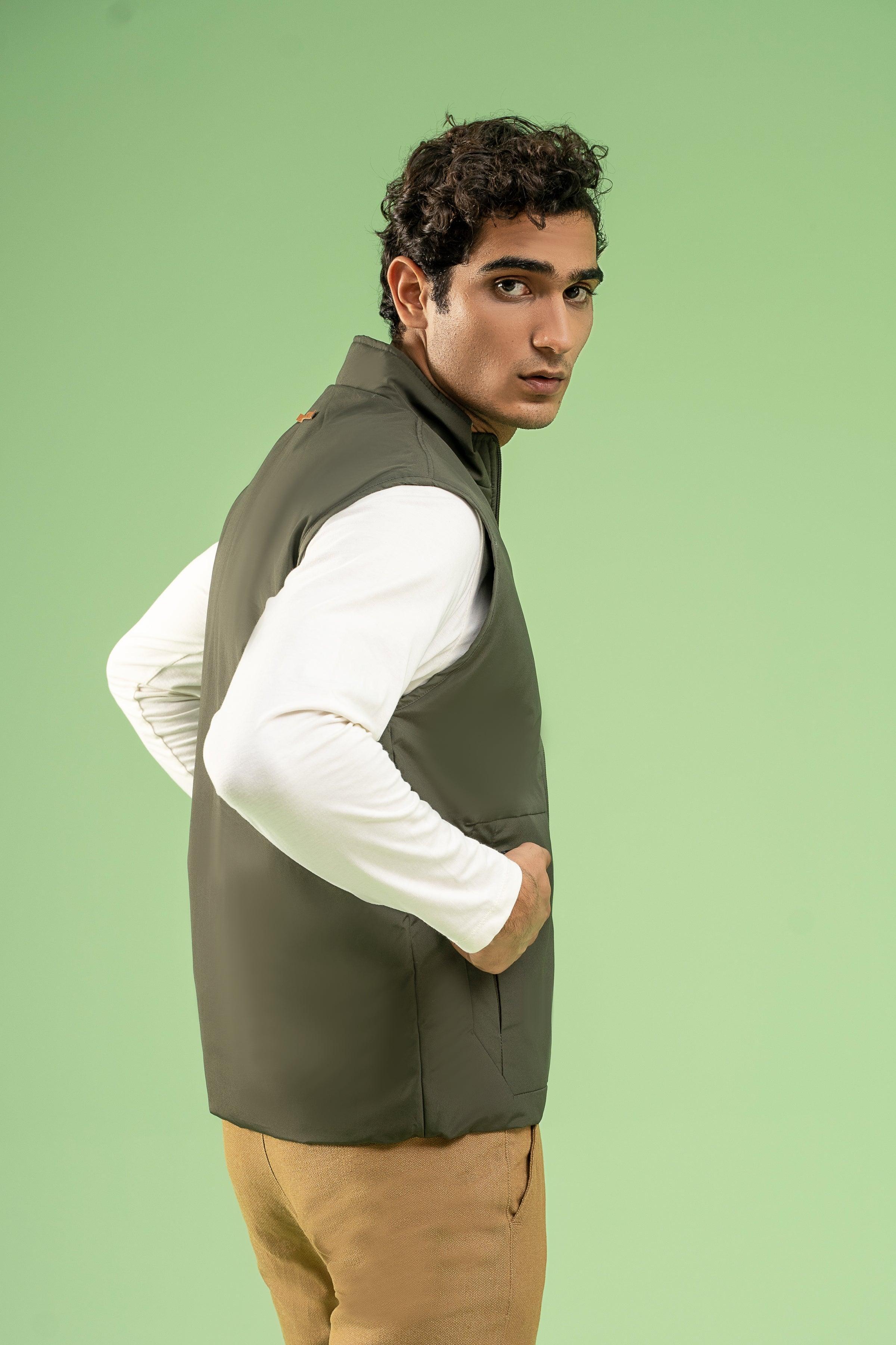 SLEEVELESS WADDED COTTON JACKET DARK OLIVE at Charcoal Clothing