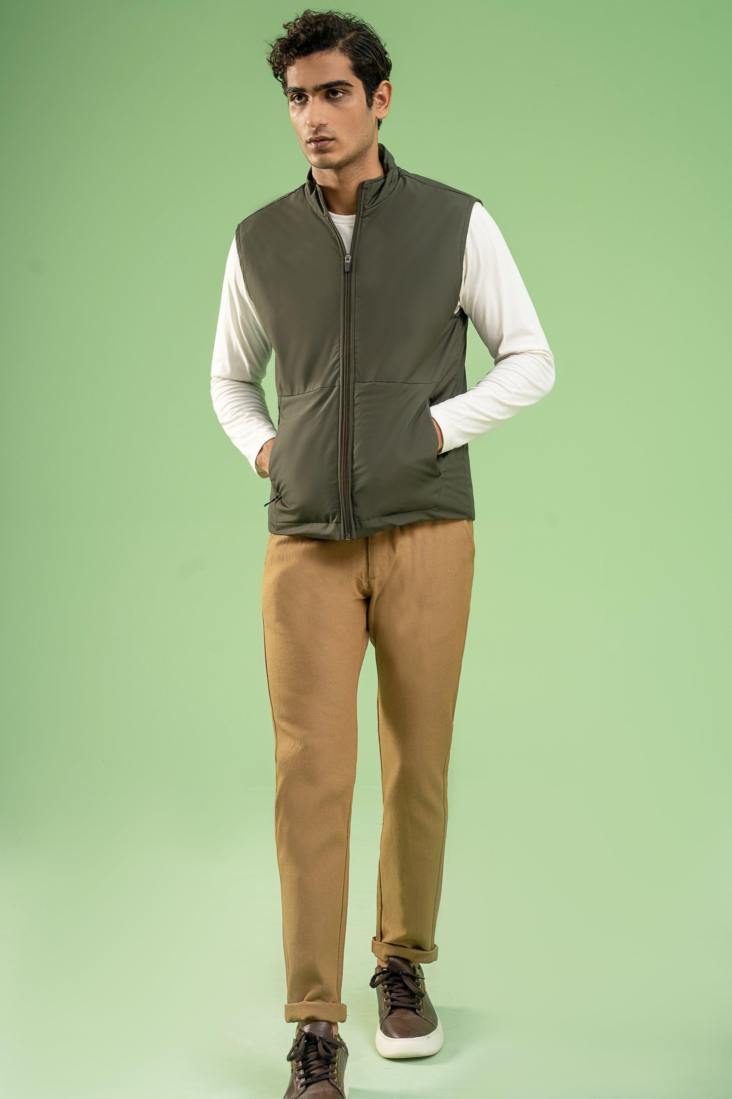 SLEEVELESS WADDED COTTON JACKET DARK OLIVE at Charcoal Clothing