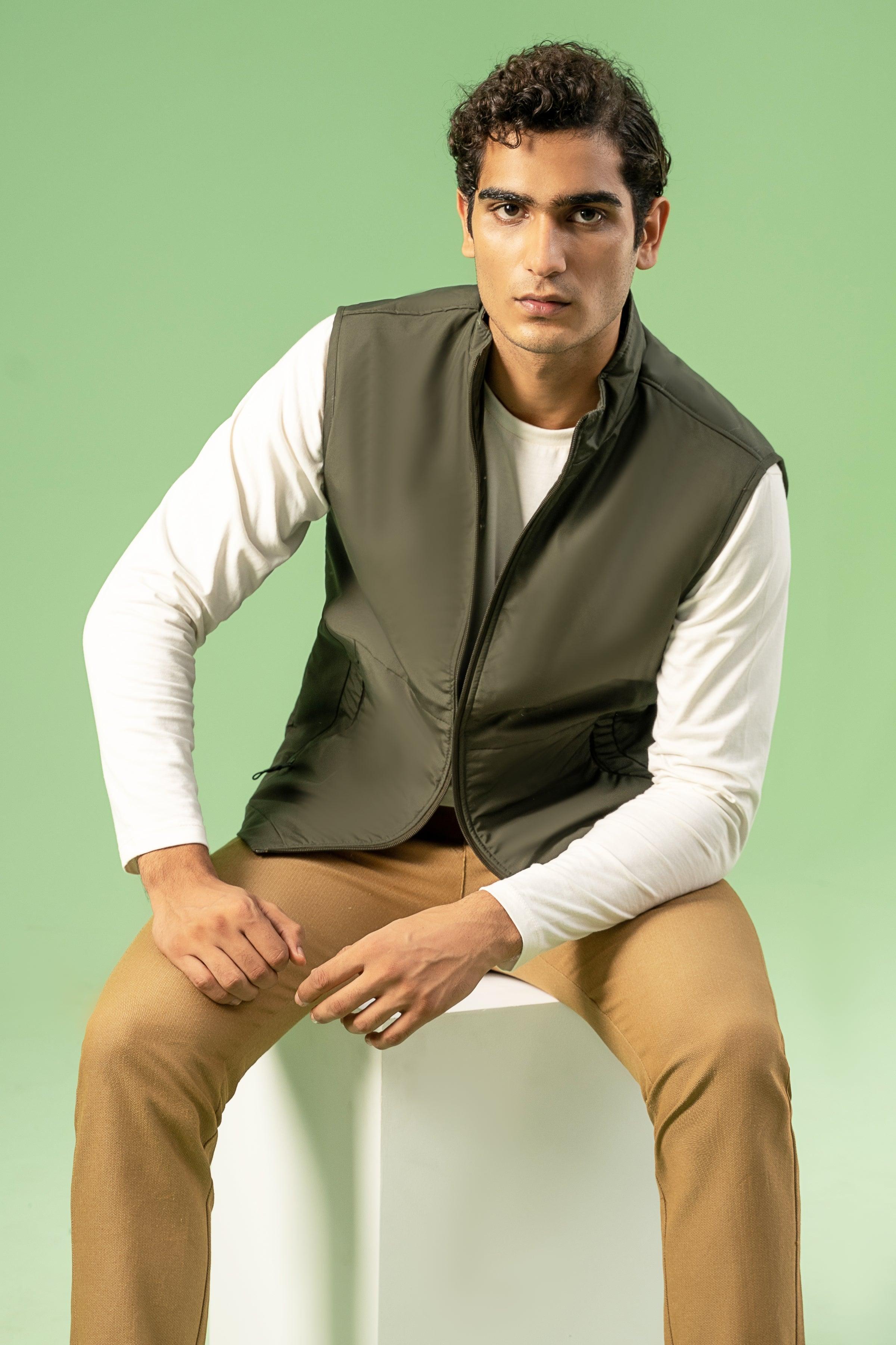 SLEEVELESS WADDED COTTON JACKET DARK OLIVE at Charcoal Clothing
