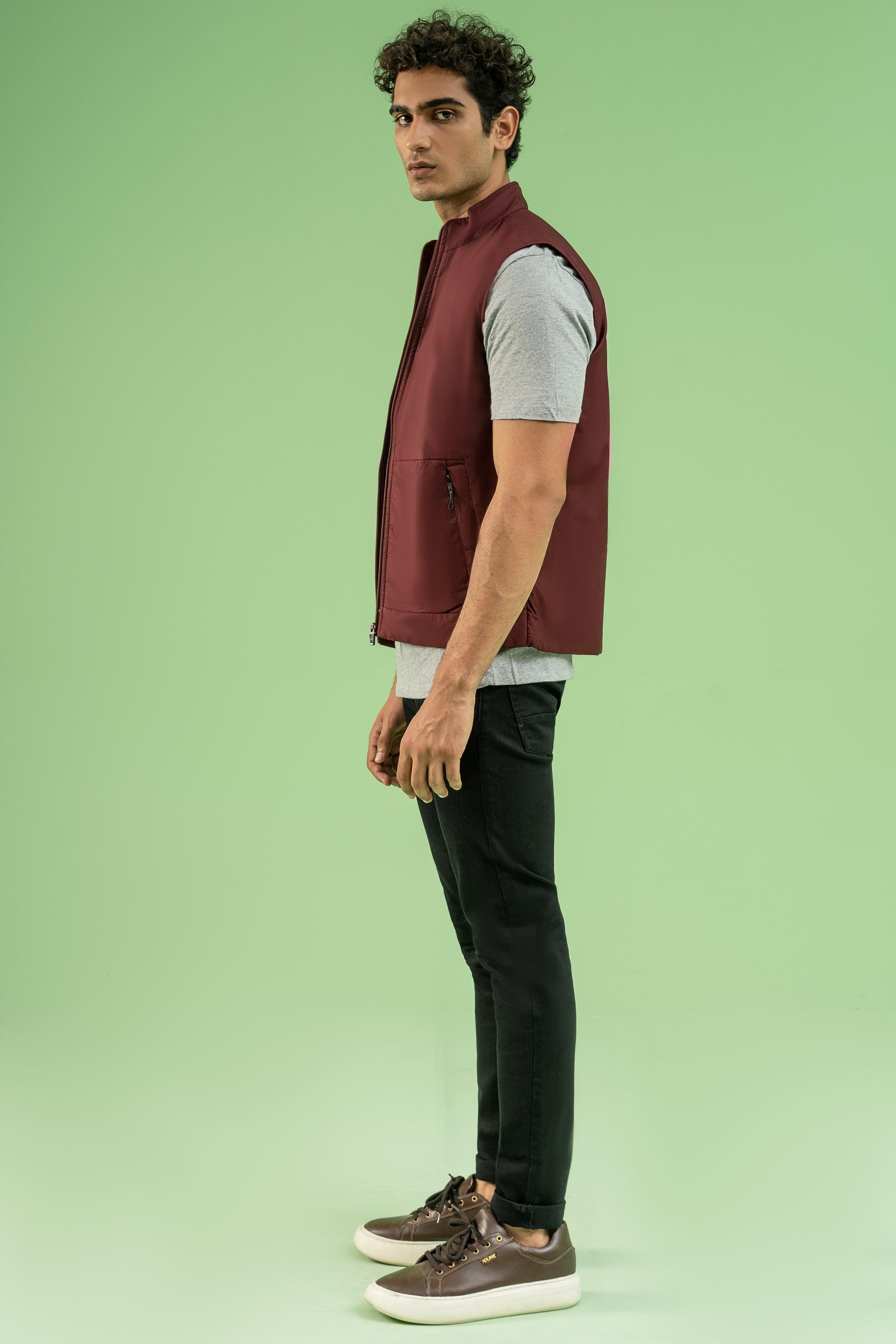 SLEEVELESS WADDED COTTON JACKET MAROON at Charcoal Clothing