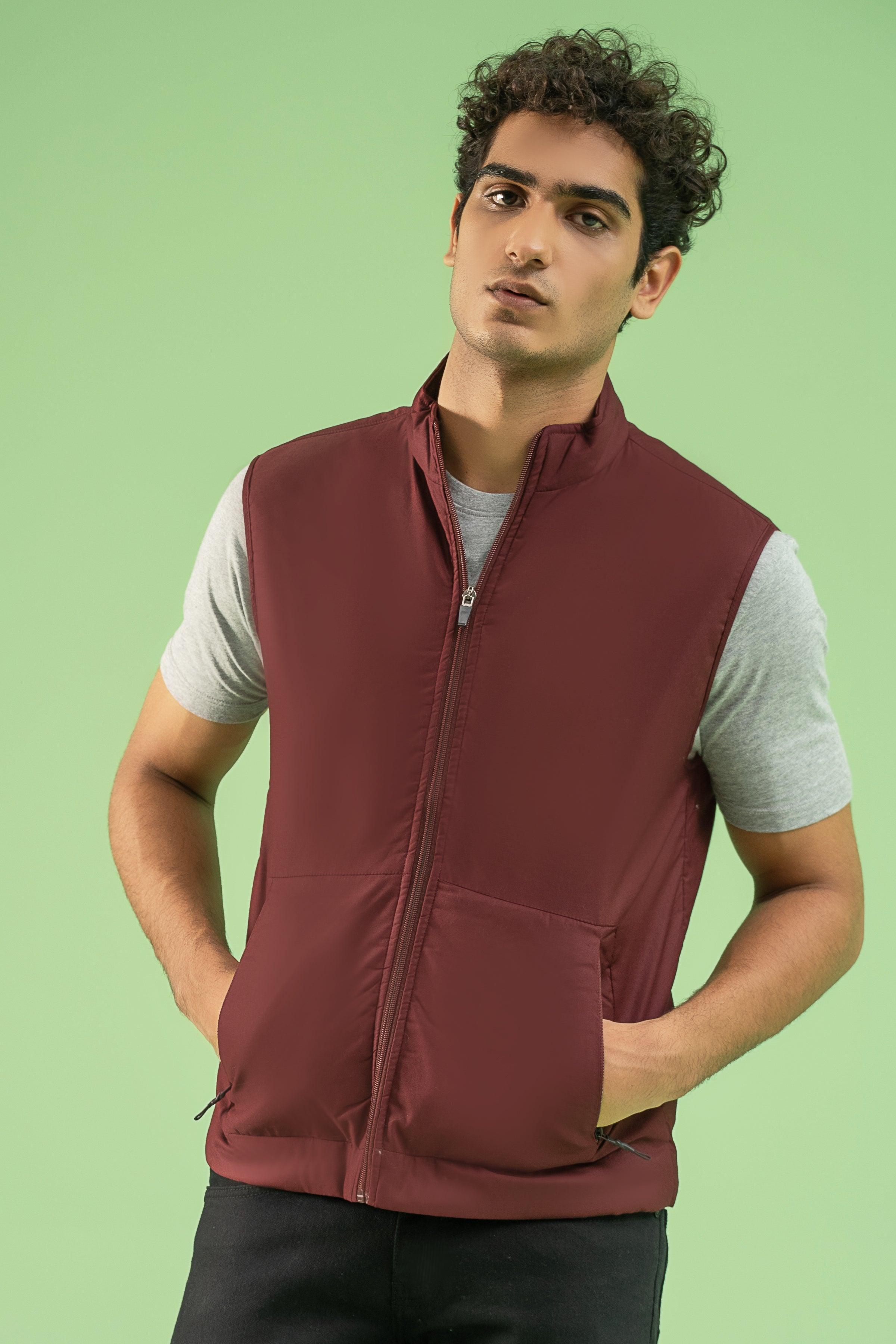 SLEEVELESS WADDED COTTON JACKET MAROON at Charcoal Clothing