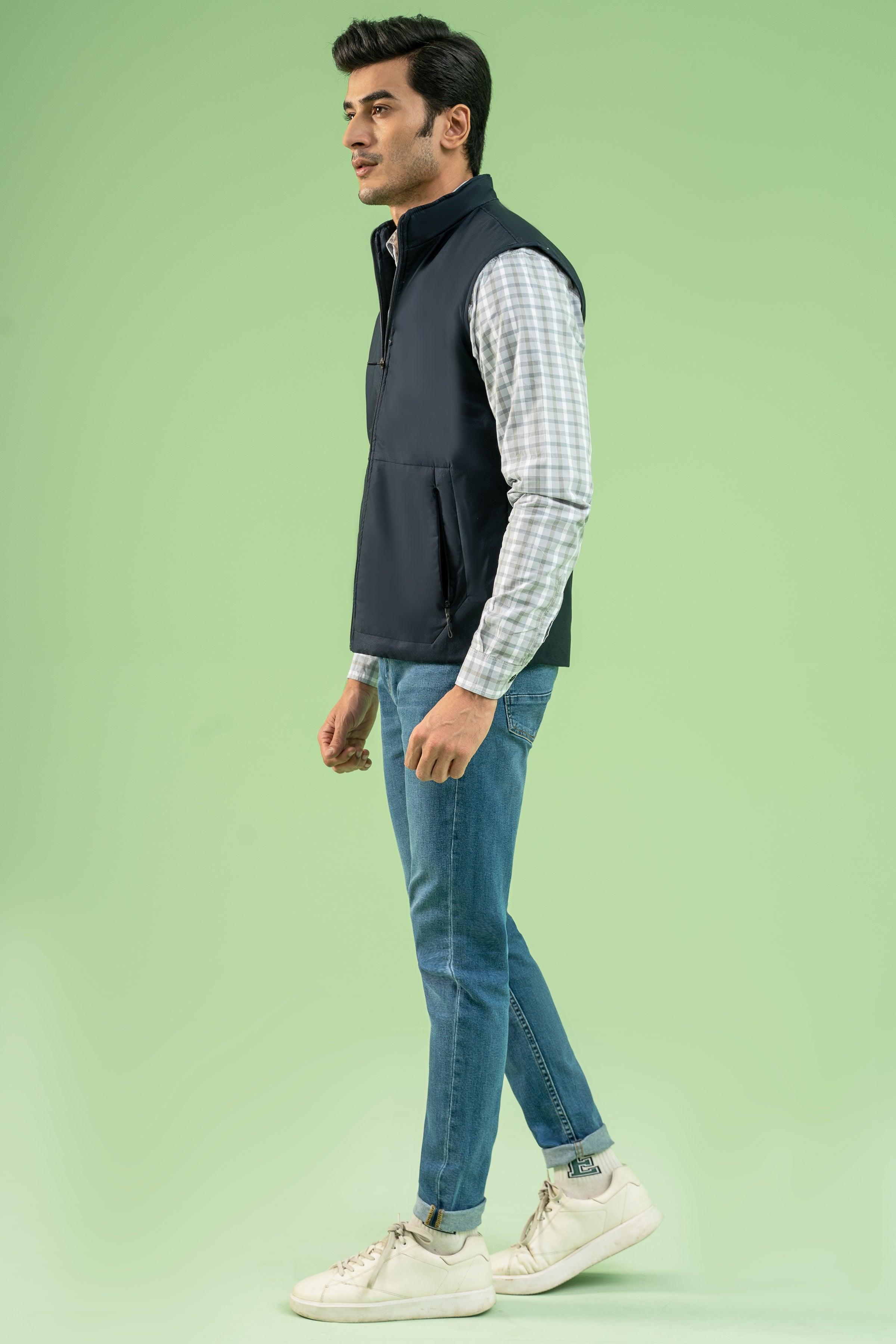 SLEEVELESS WADDED COTTON JACKET NAVY at Charcoal Clothing