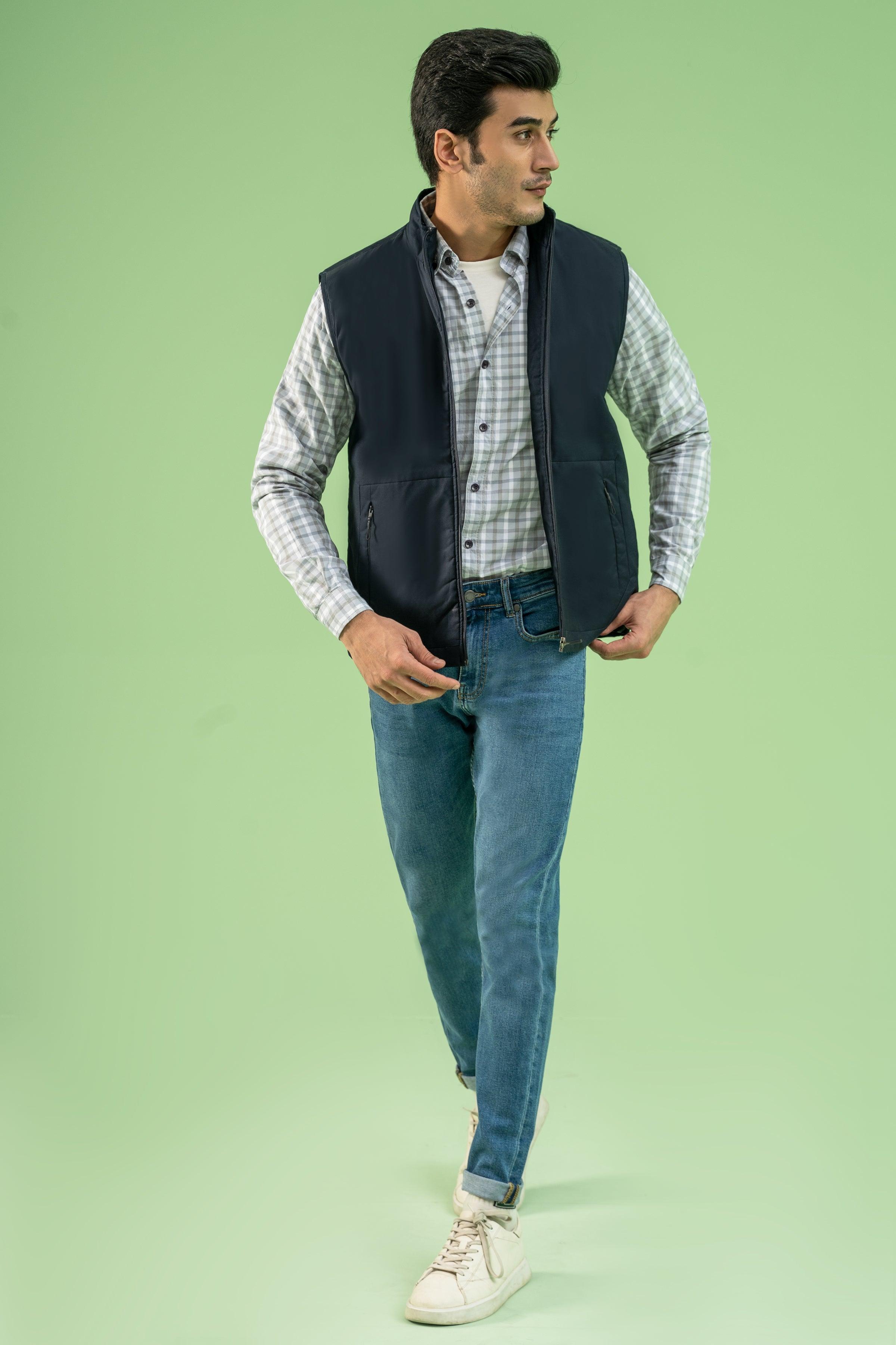 SLEEVELESS WADDED COTTON JACKET NAVY at Charcoal Clothing