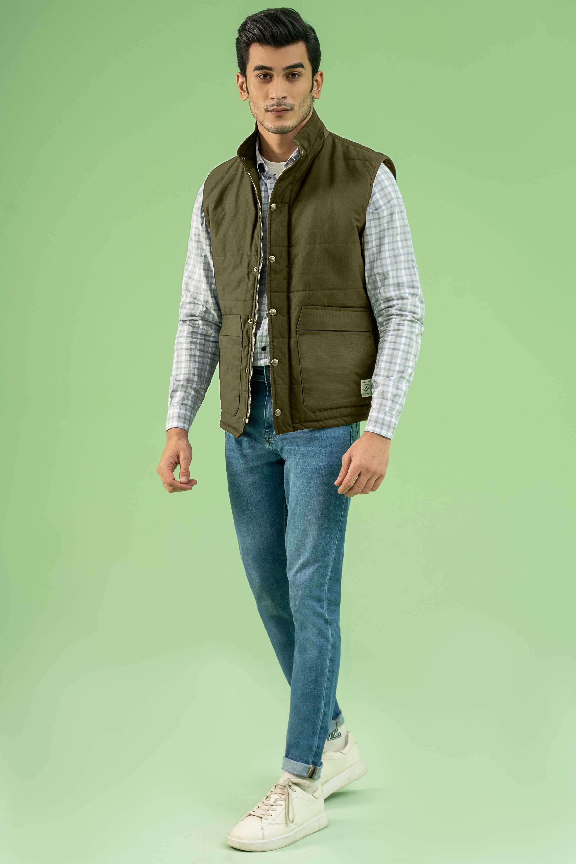 SLEEVESLESS RIPSTOP QUILTED JACKET DARK KHAKI at Charcoal Clothing