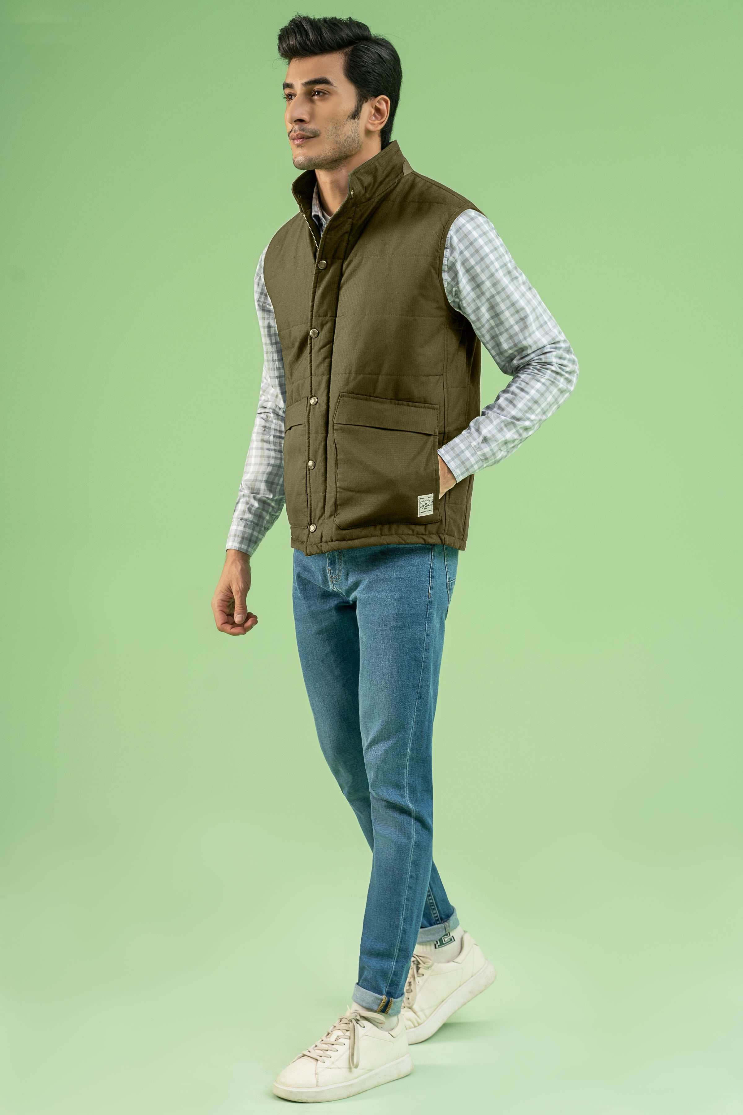 SLEEVESLESS RIPSTOP QUILTED JACKET DARK KHAKI at Charcoal Clothing