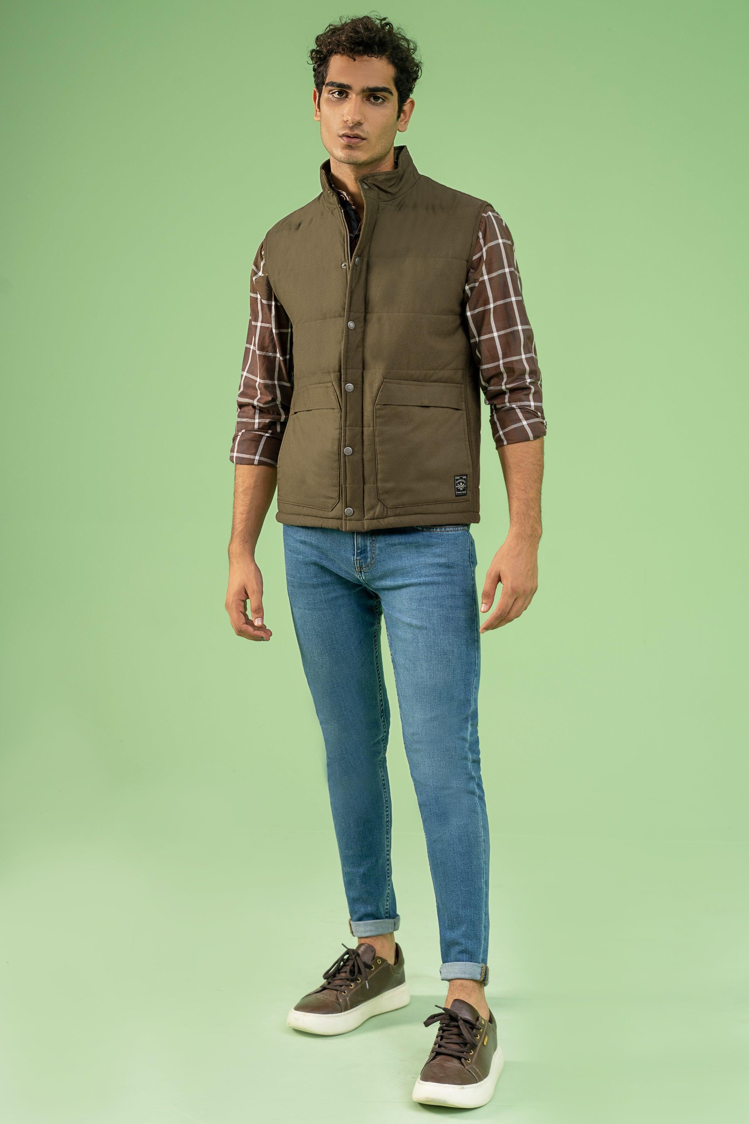 SLEEVESLESS RIPSTOP QUILTED JACKET DARK OLIVE at Charcoal Clothing