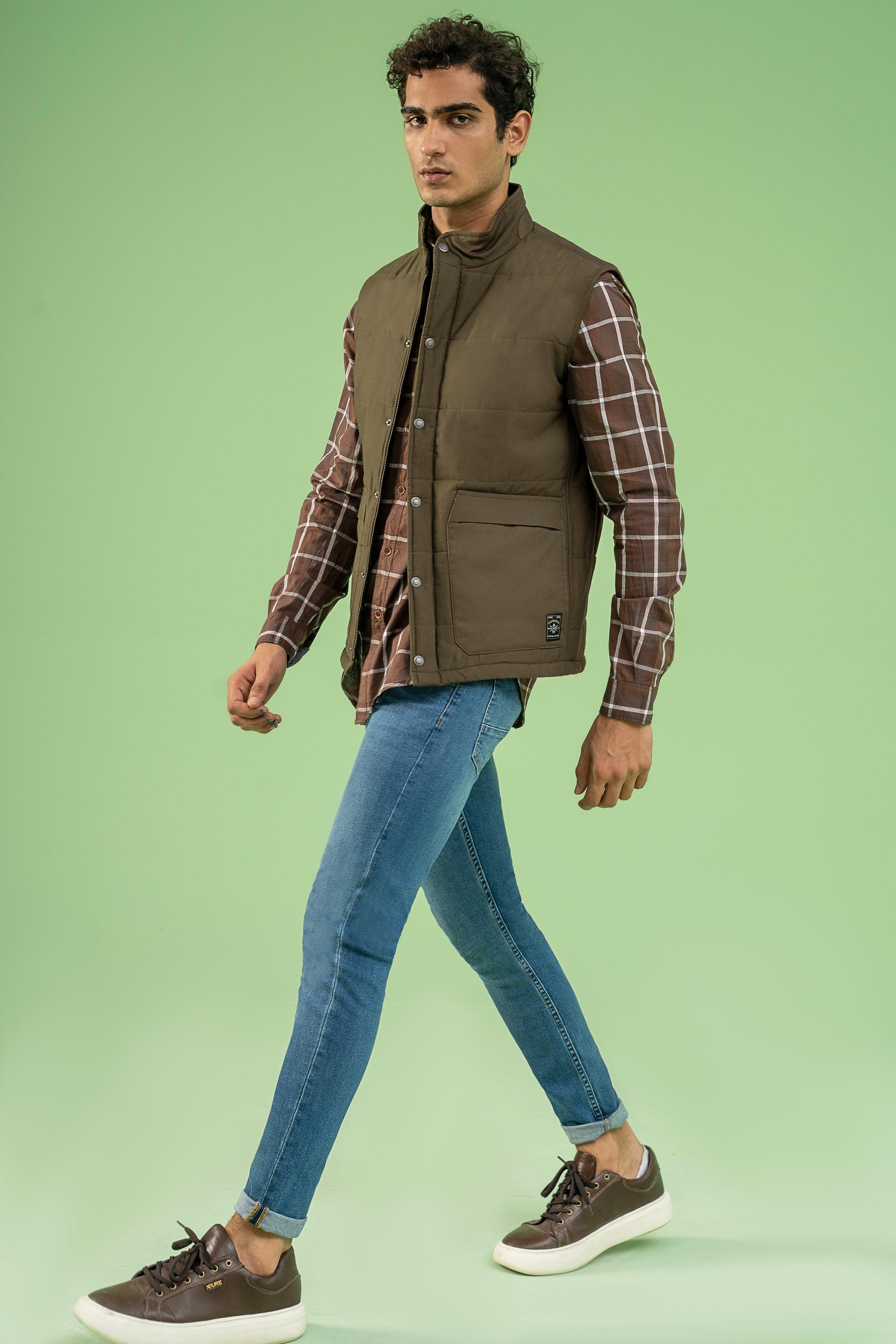 SLEEVESLESS RIPSTOP QUILTED JACKET DARK OLIVE at Charcoal Clothing