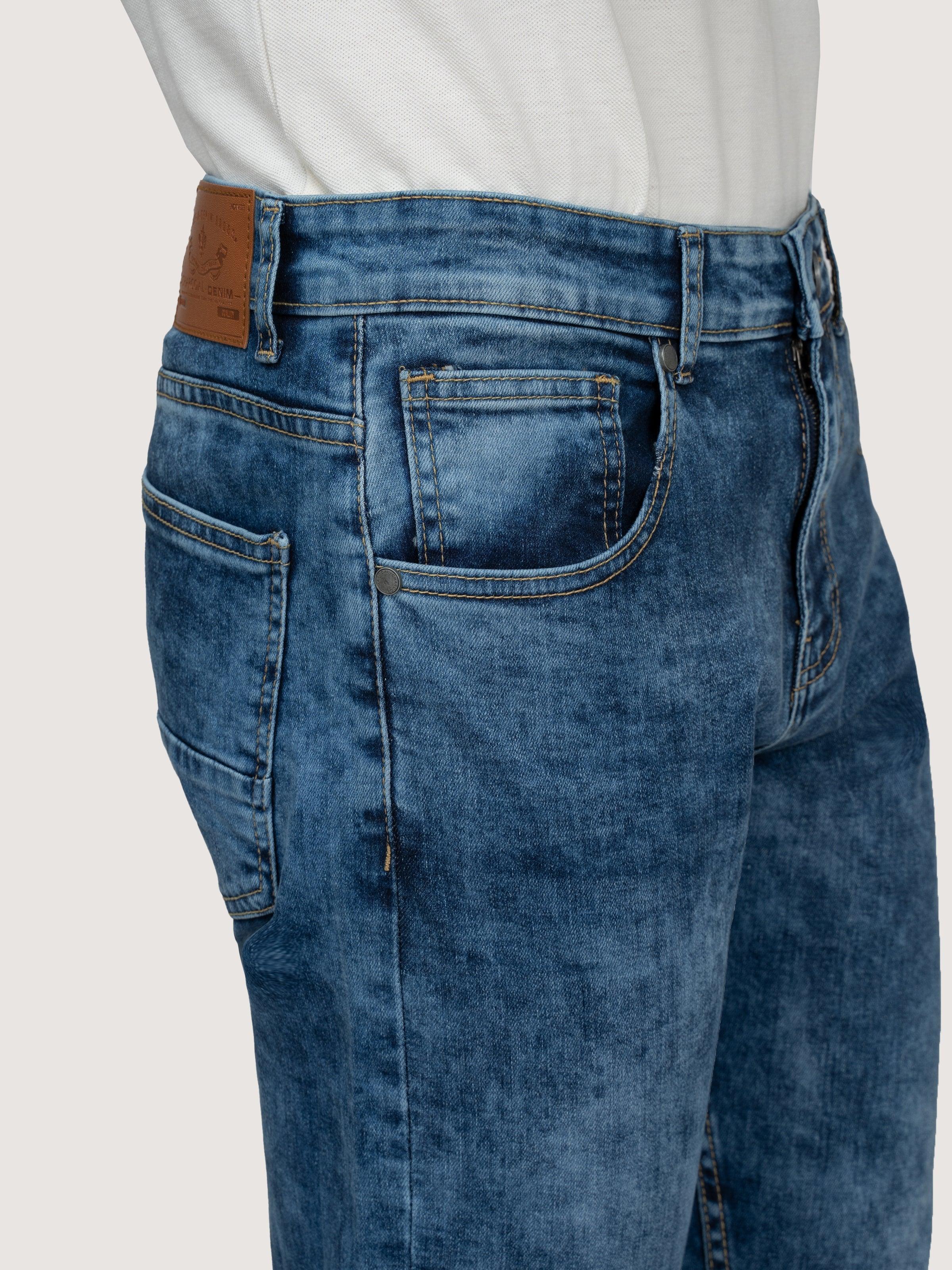 SLIM LEG DENIM JEANS DARK BLUE RANDOM at Charcoal Clothing