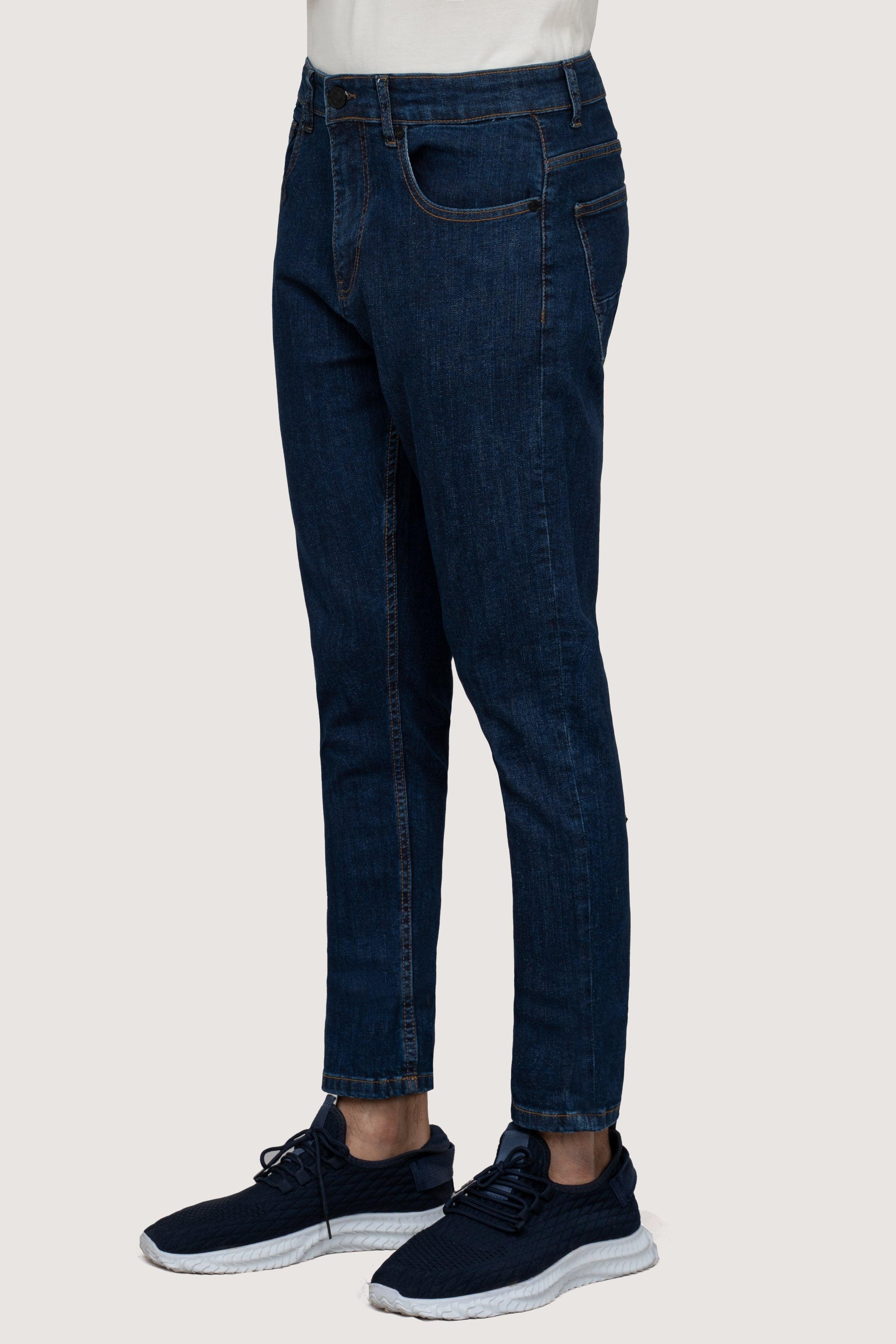 Dark blue slim-leg denim jeans, five-pocket straight fit