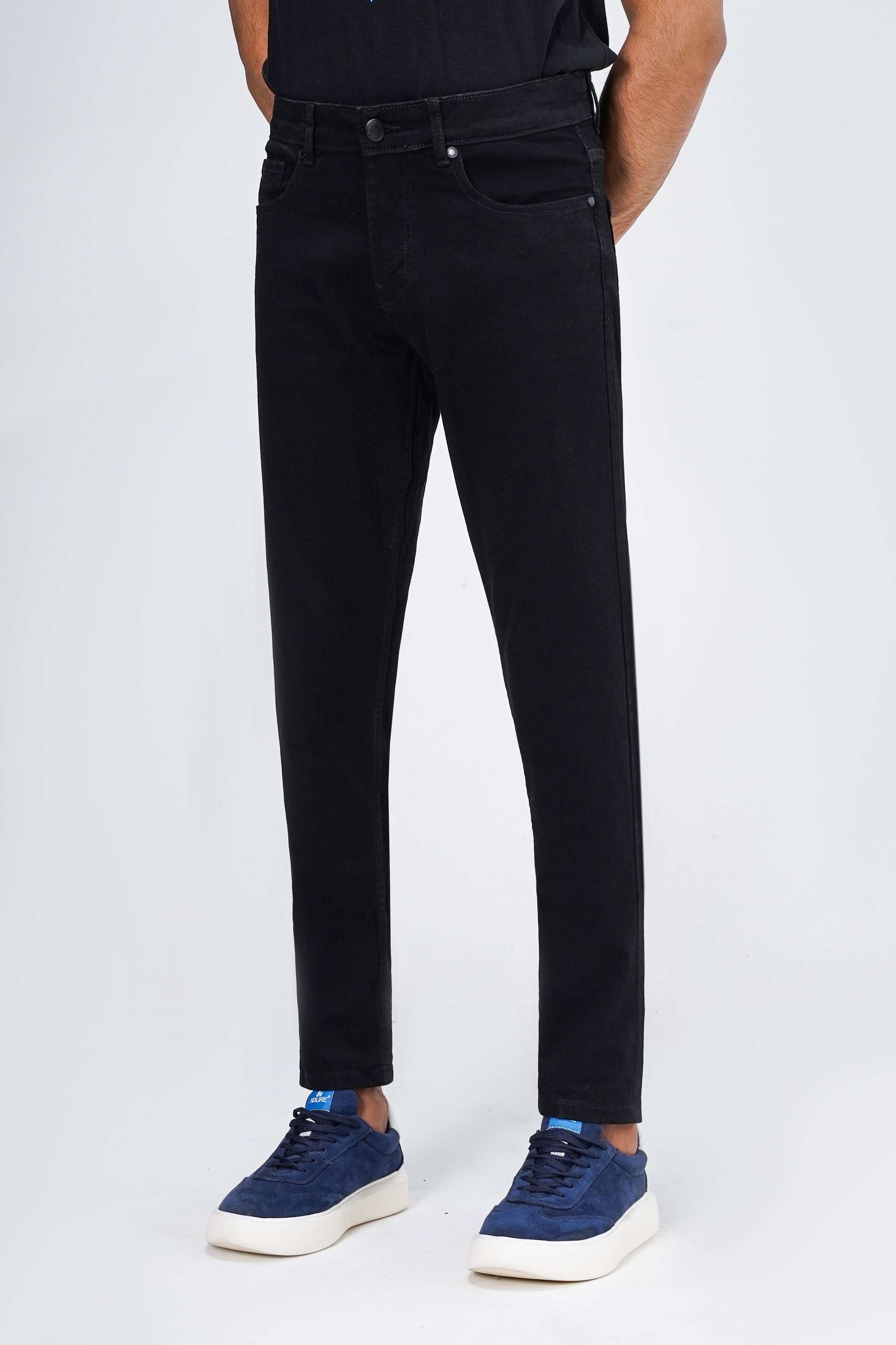 Black slim-leg jeans front view with button waistband, belt loops, and five-pocket design