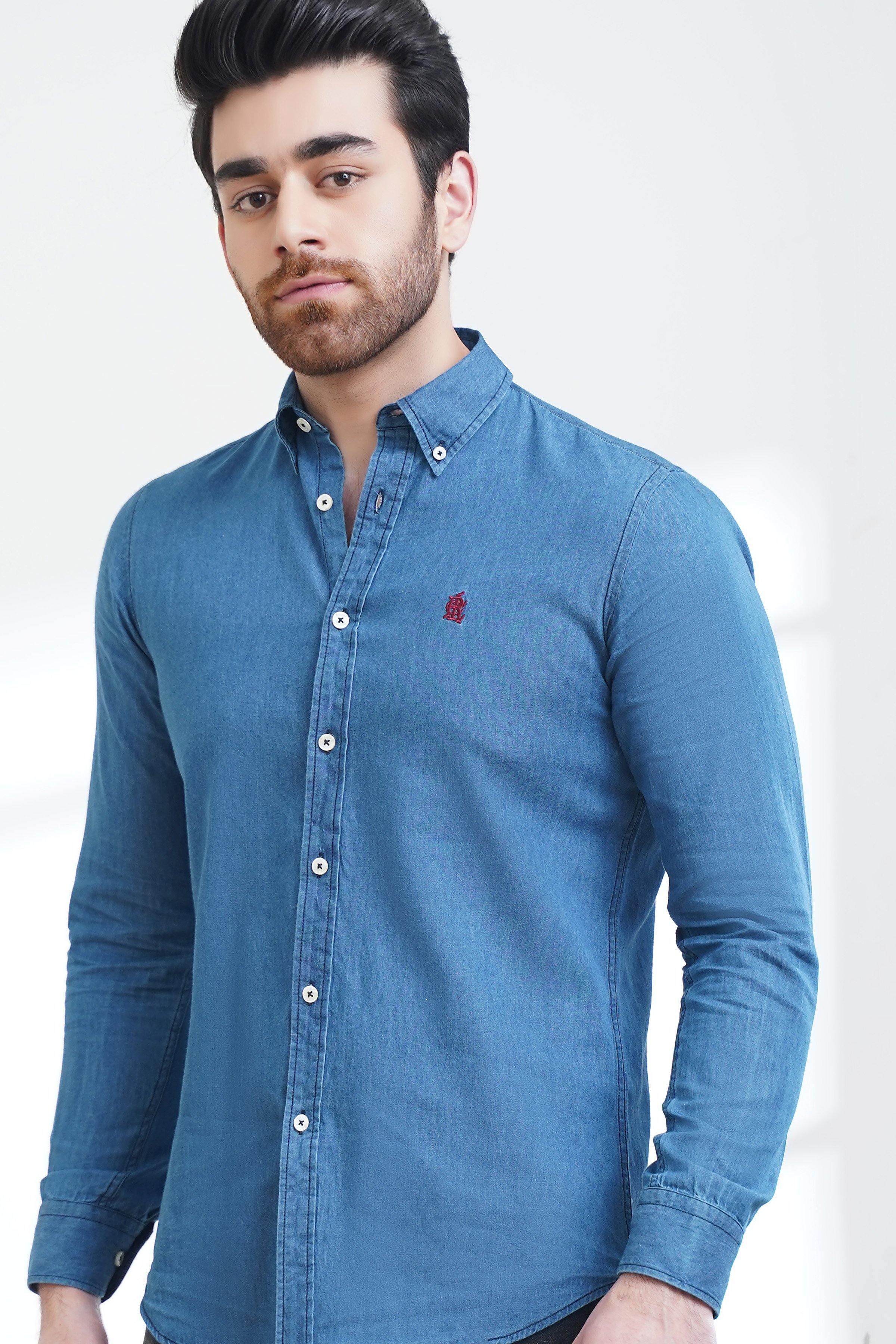 SMART INDIGO DENIM SHIRT BUTTON DOWN FULL SLEEVE DENIM BLUE at Charcoal Clothing