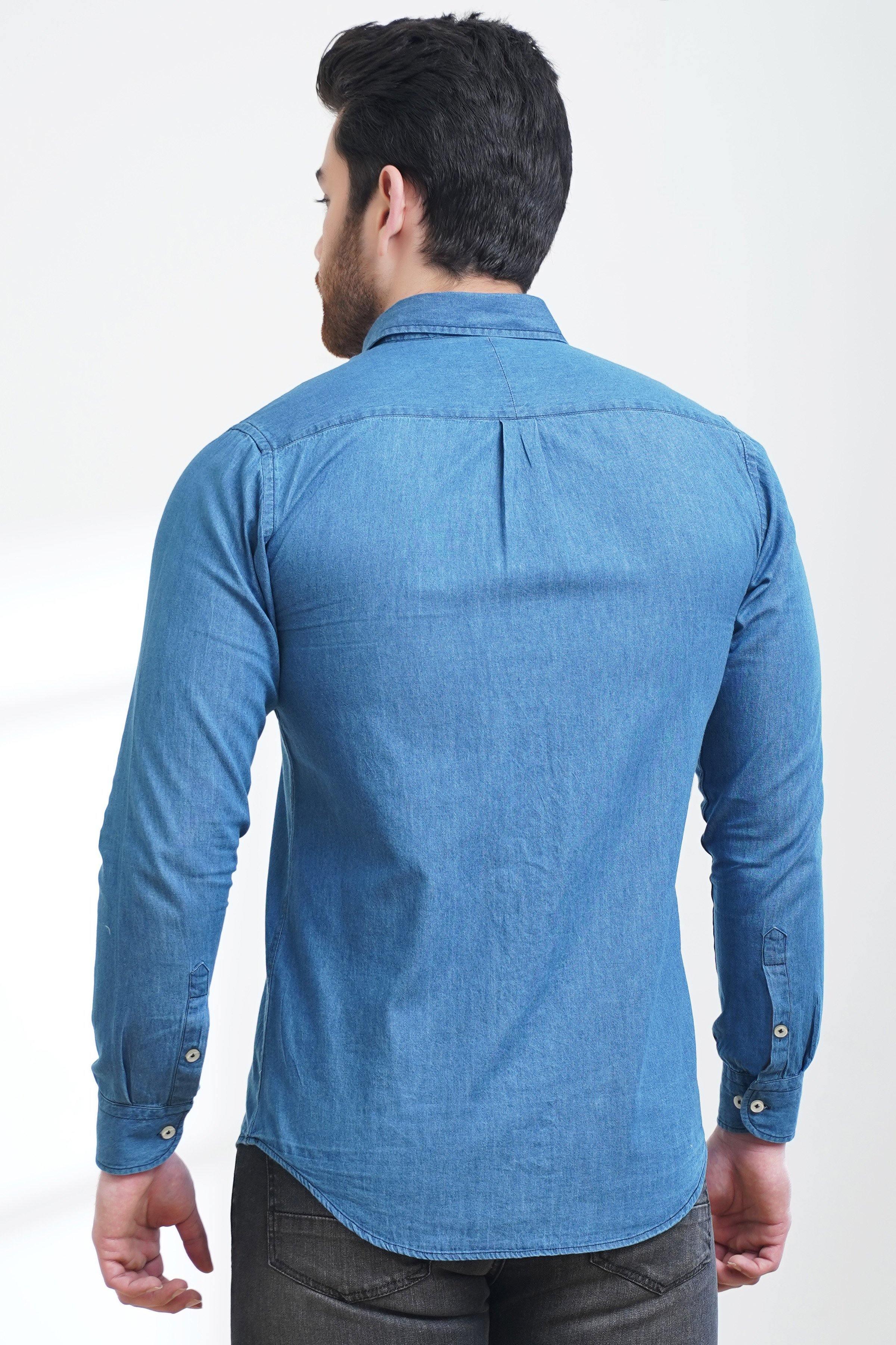 SMART INDIGO DENIM SHIRT BUTTON DOWN FULL SLEEVE DENIM BLUE at Charcoal Clothing