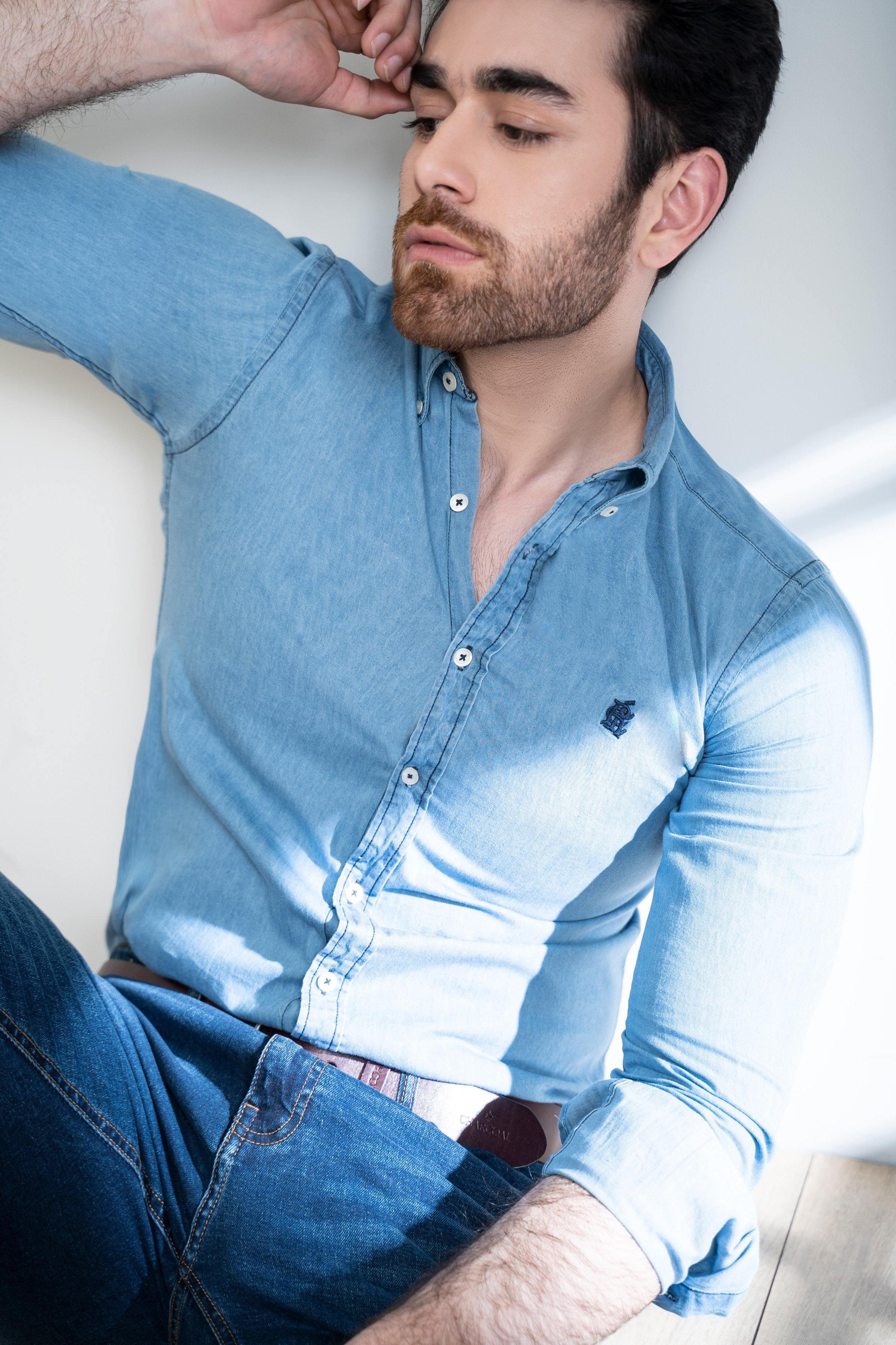 SMART INDIGO DENIM SHIRT BUTTON DOWN FULL SLEEVE LIGHT BLUE at Charcoal Clothing