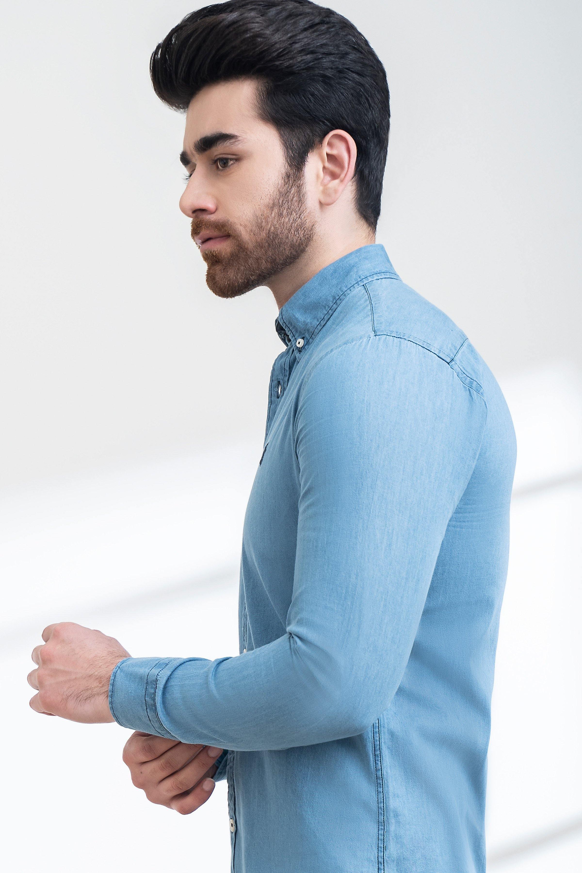 SMART INDIGO DENIM SHIRT BUTTON DOWN FULL SLEEVE LIGHT BLUE at Charcoal Clothing