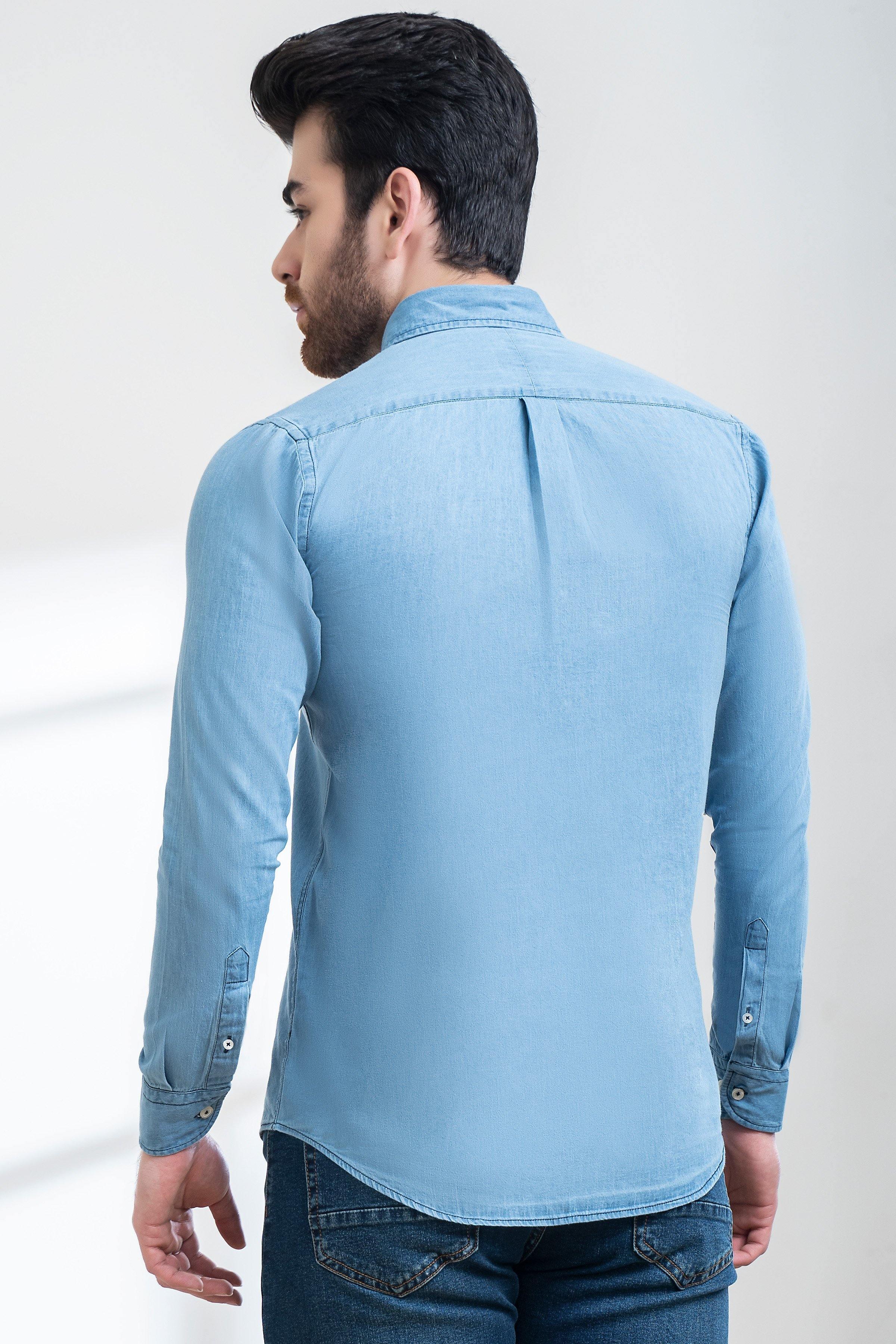 SMART INDIGO DENIM SHIRT BUTTON DOWN FULL SLEEVE LIGHT BLUE at Charcoal Clothing