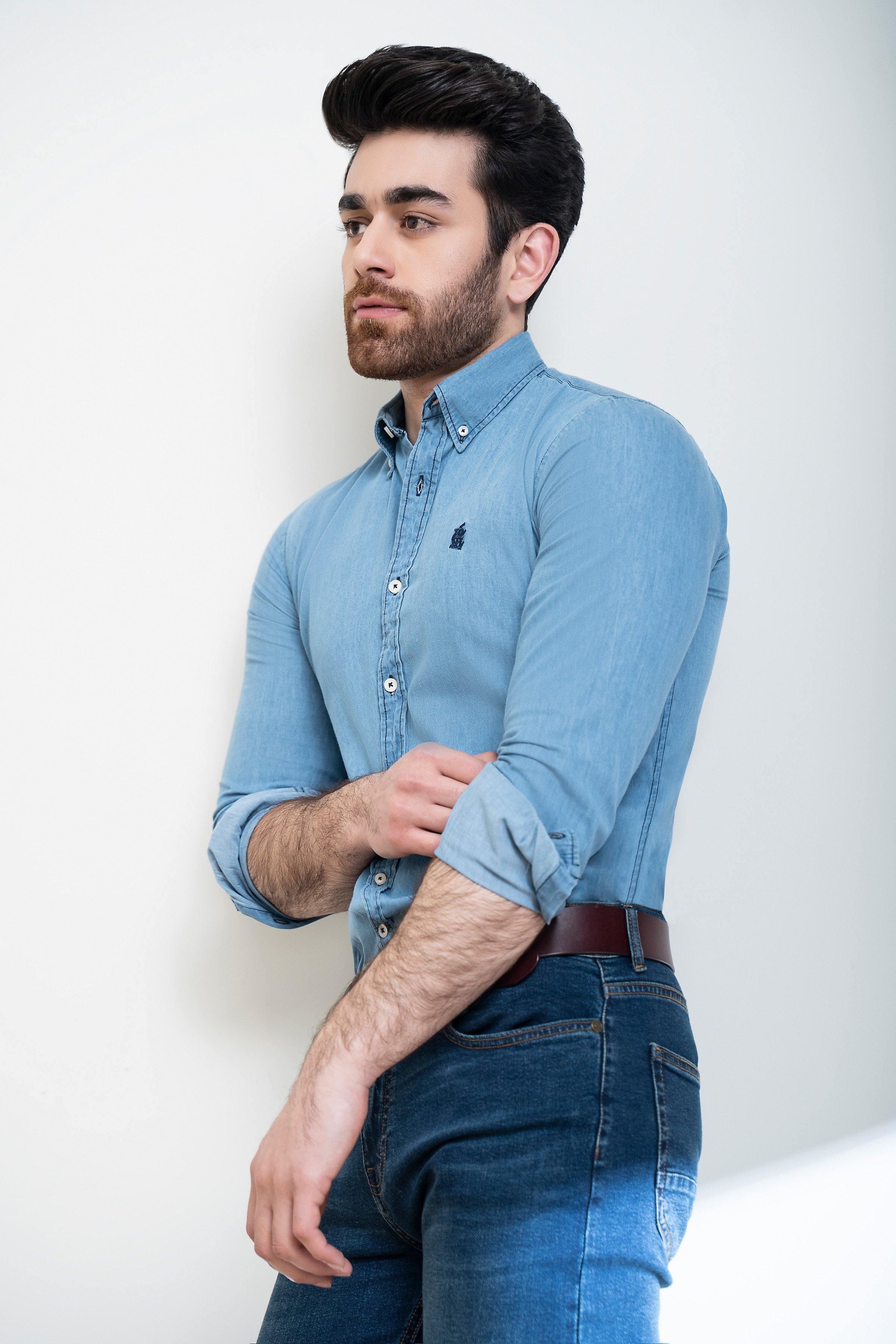 SMART INDIGO DENIM SHIRT BUTTON DOWN FULL SLEEVE LIGHT BLUE at Charcoal Clothing