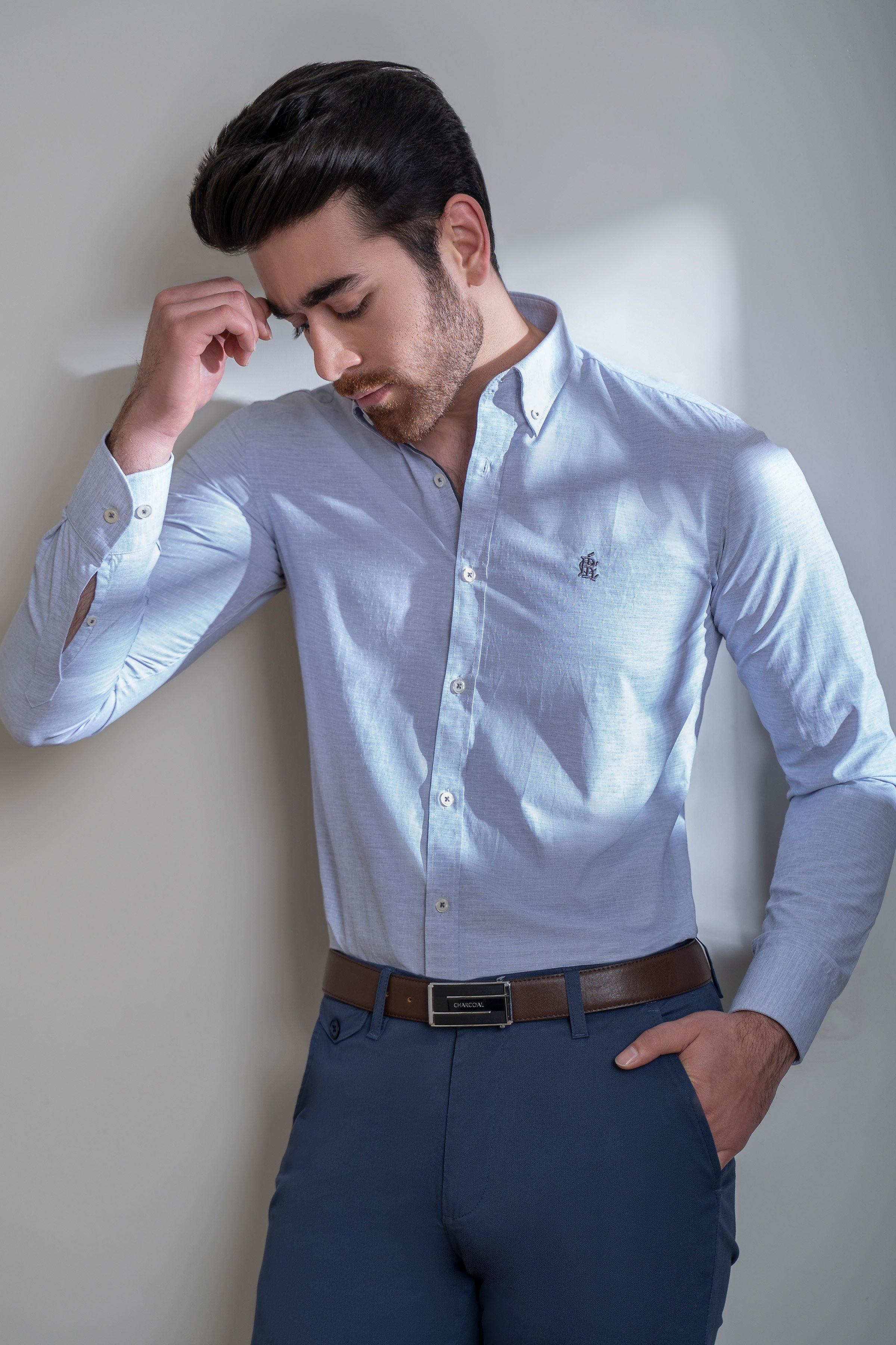 SMART SHIRT BUTTON DOWN FULL SLEEVE GREY WHITE at Charcoal Clothing