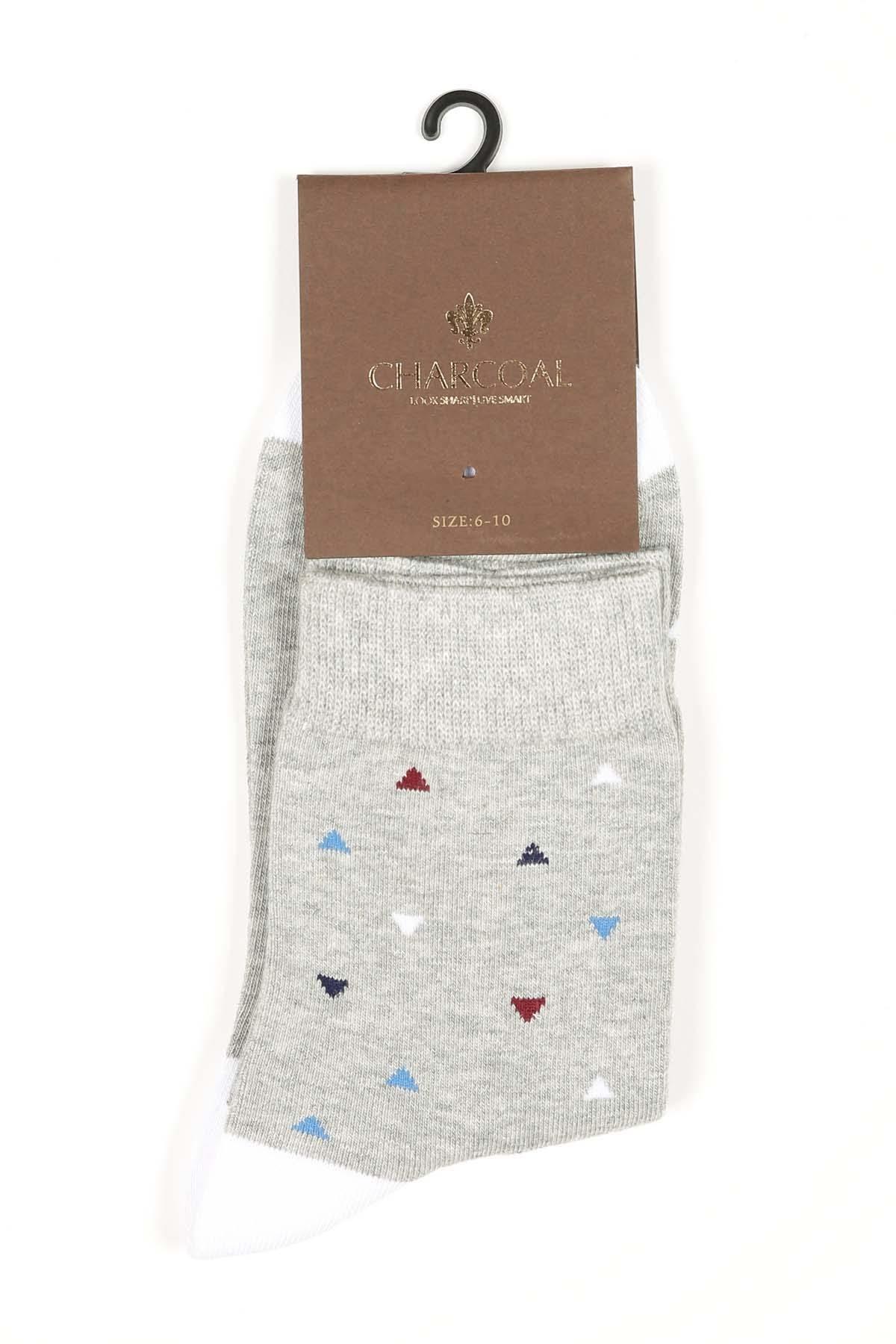 Gray socks on hanger with scattered mini triangle icons in blue, red, and white