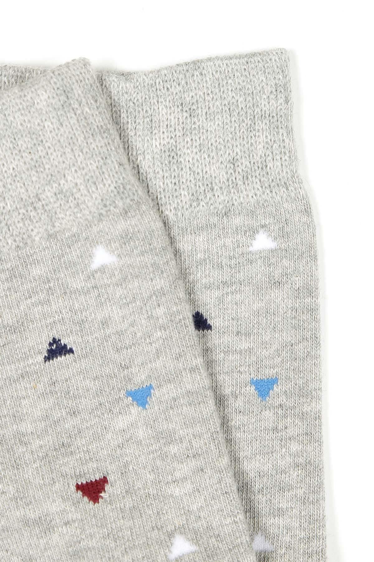 Gray socks with scattered mini triangle icons in blue, red, and white