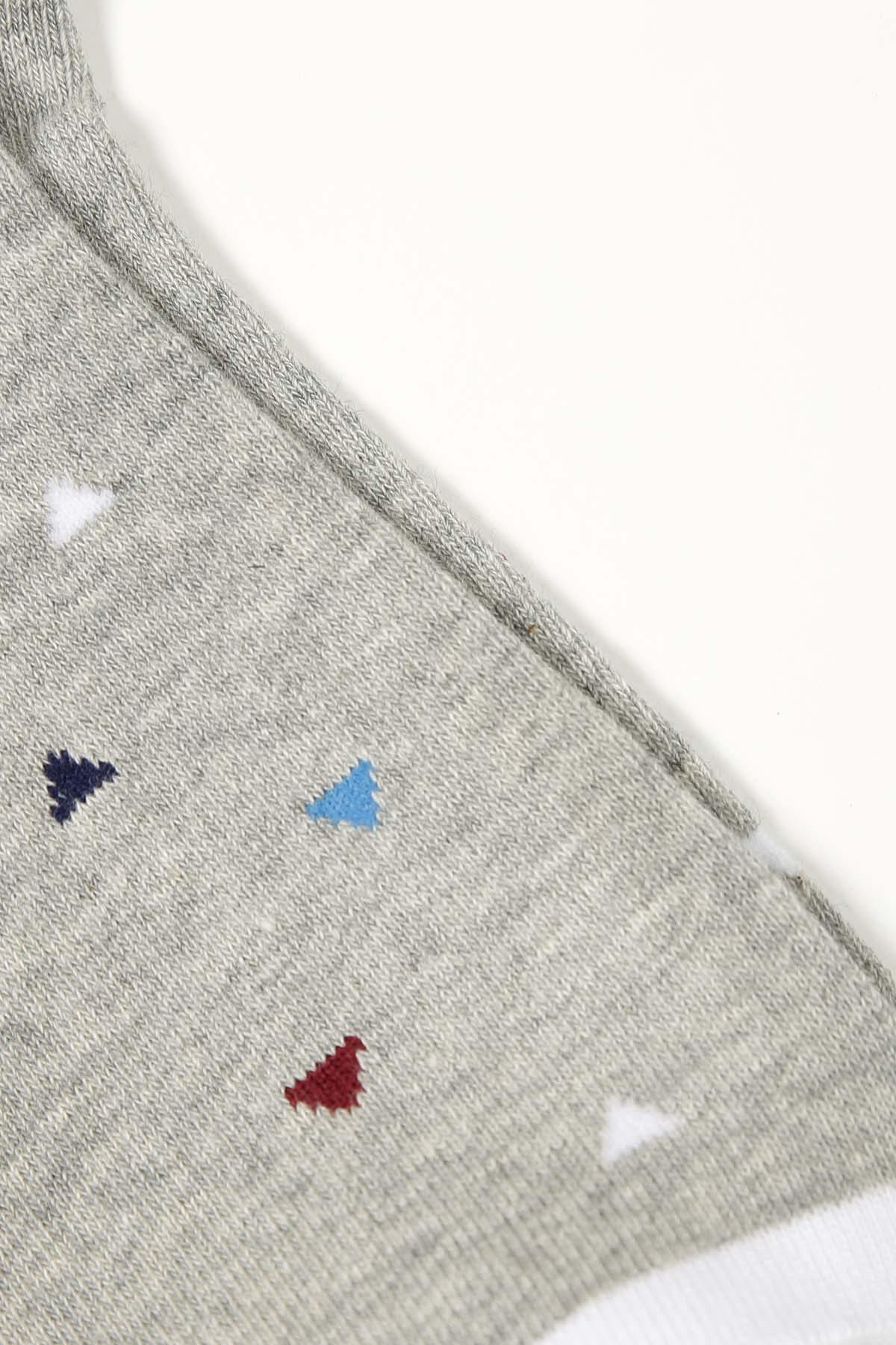 Gray sock with mini triangle icons in blue, red, white, and dark navy