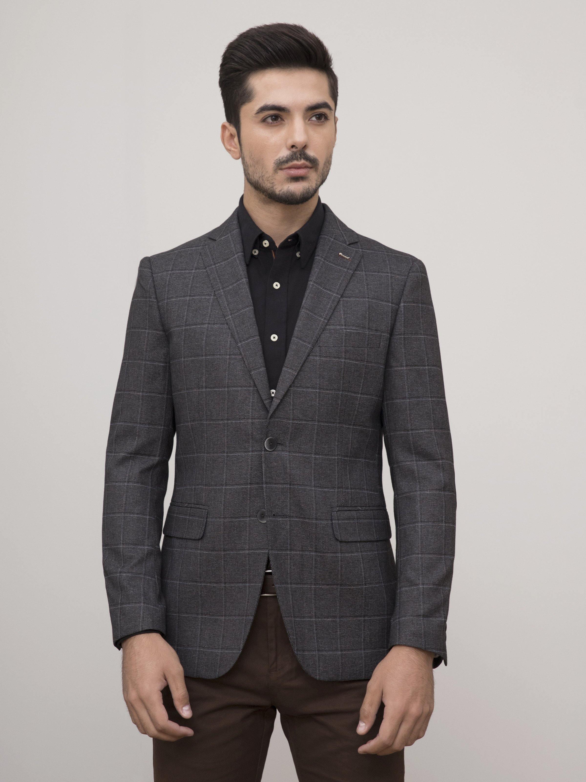 Slim-fit charcoal two-button coat with welt pockets, notch lapels, and check weave