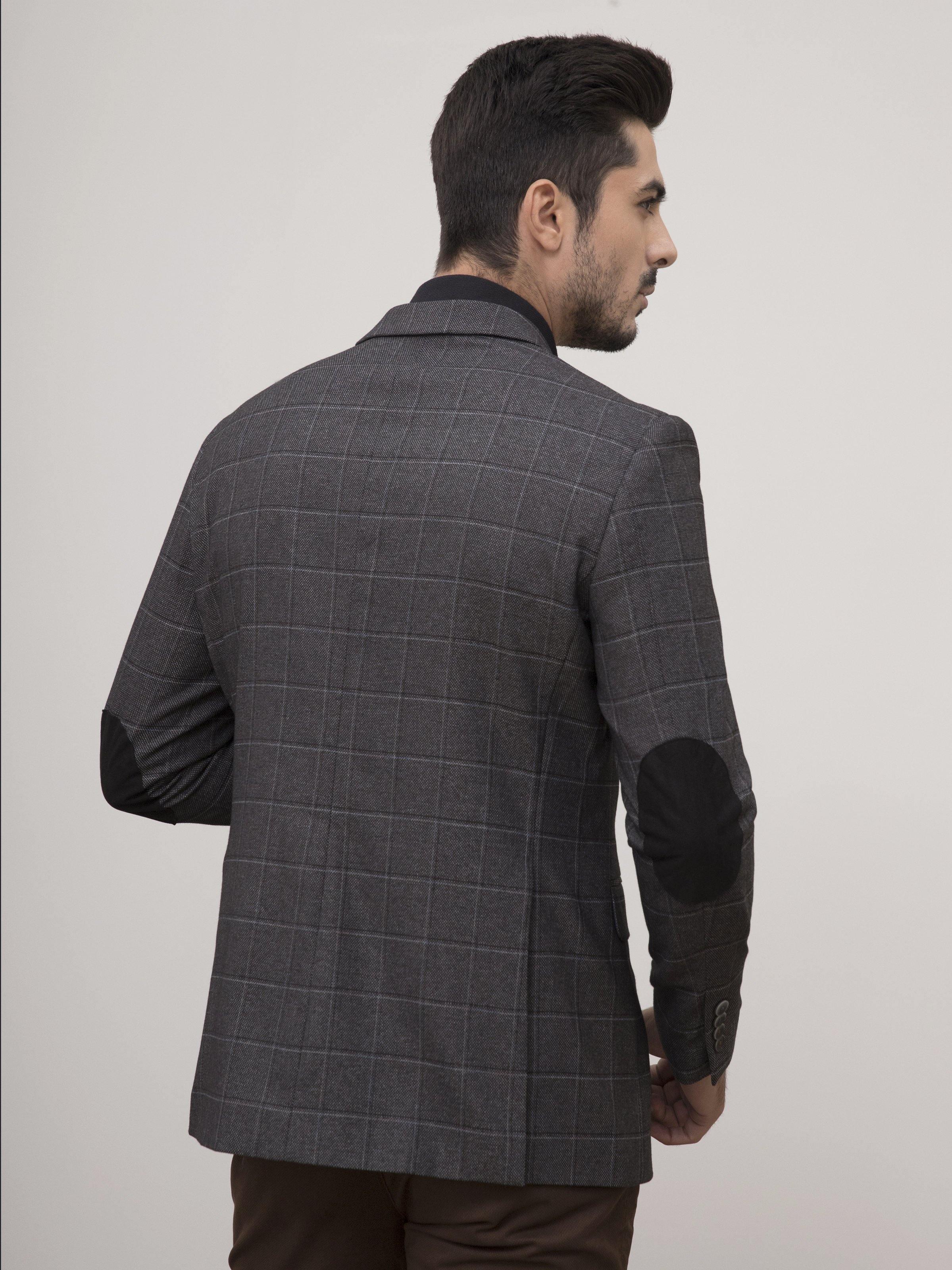 Slim-fit charcoal coat back view with check pattern and vented hem