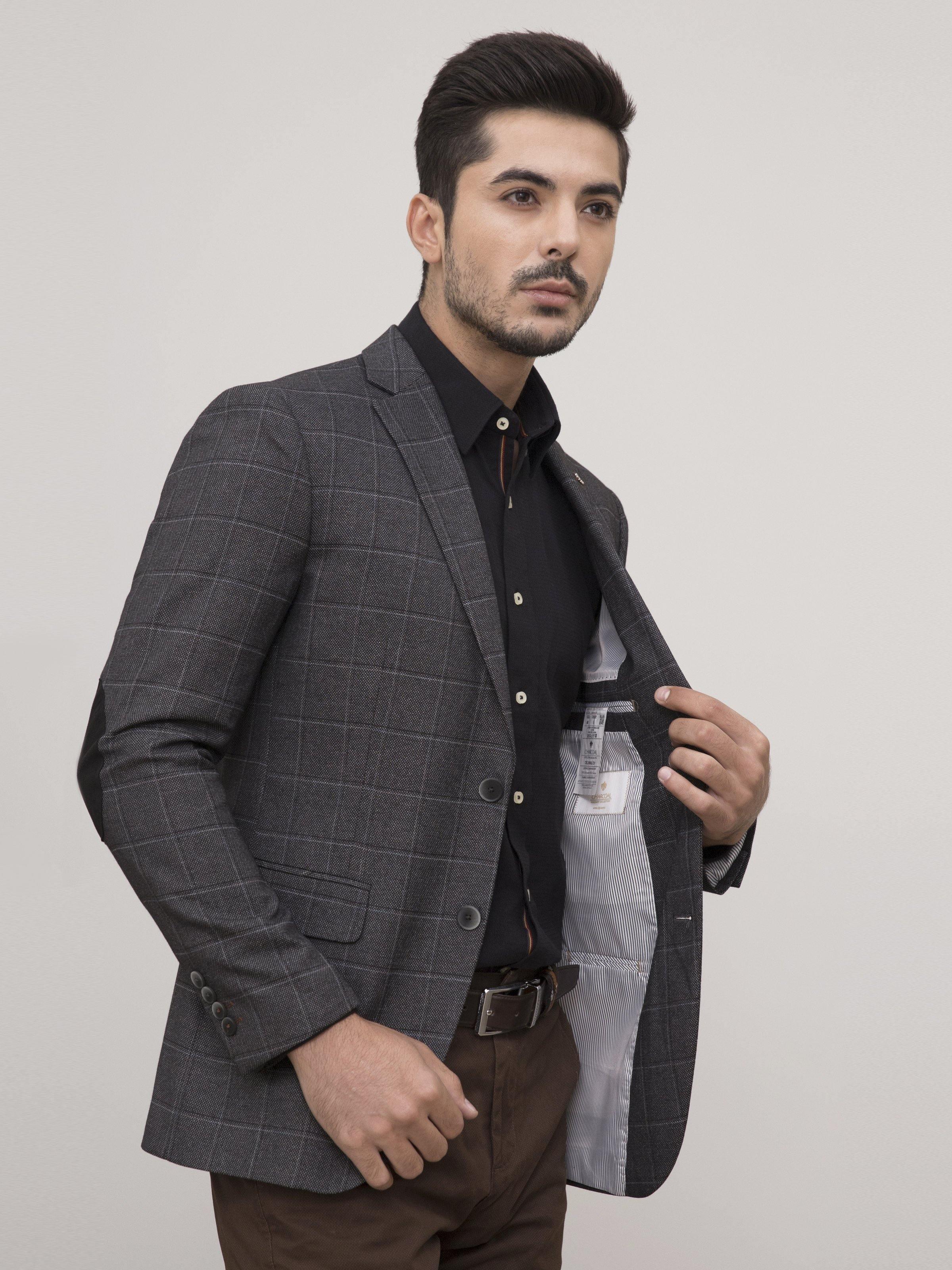 Slim-fit charcoal coat with notch lapels, two-button front, and check texture