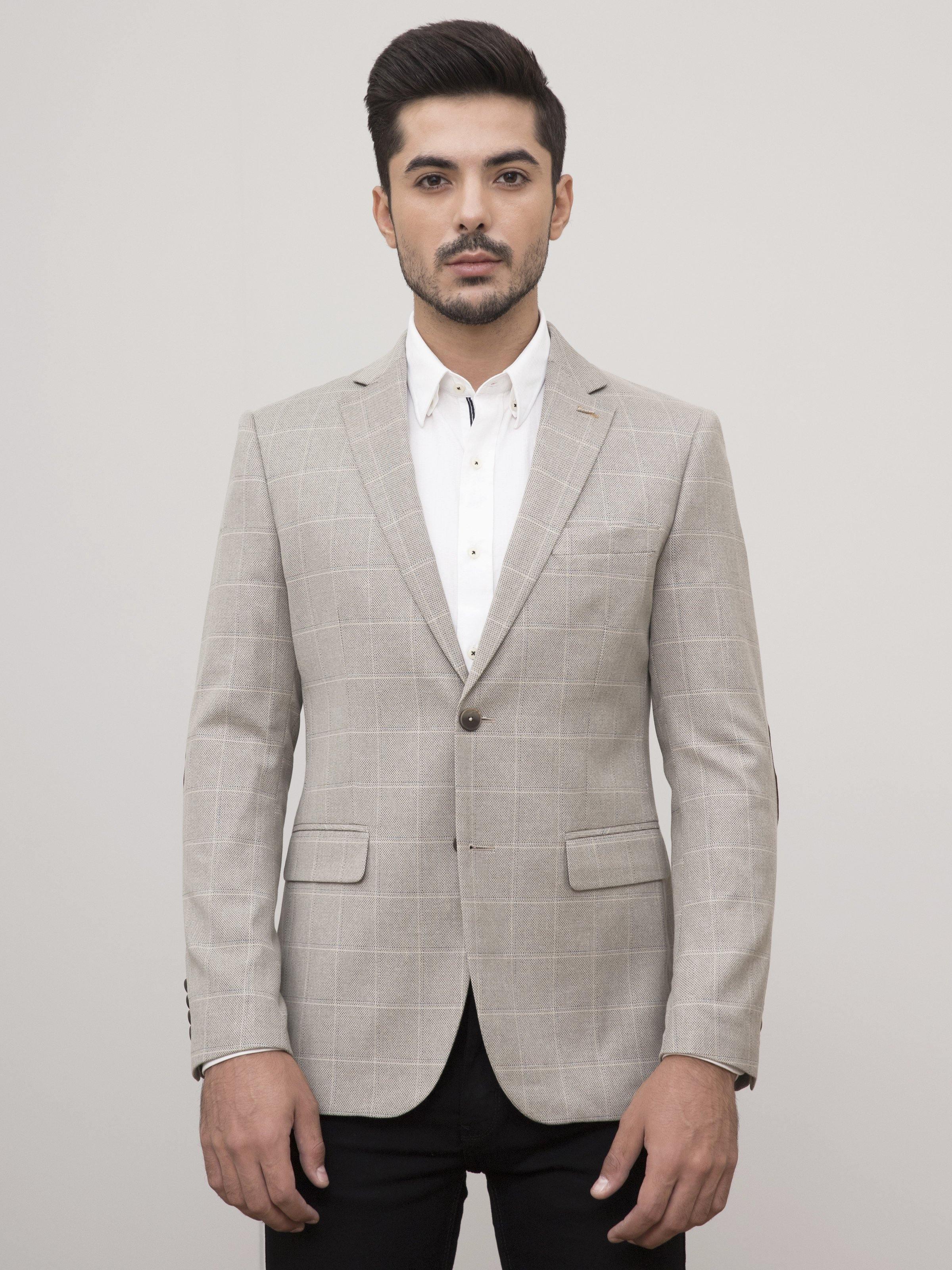Men's slim-fit tan plaid blazer with two front flap pockets and notch lapels