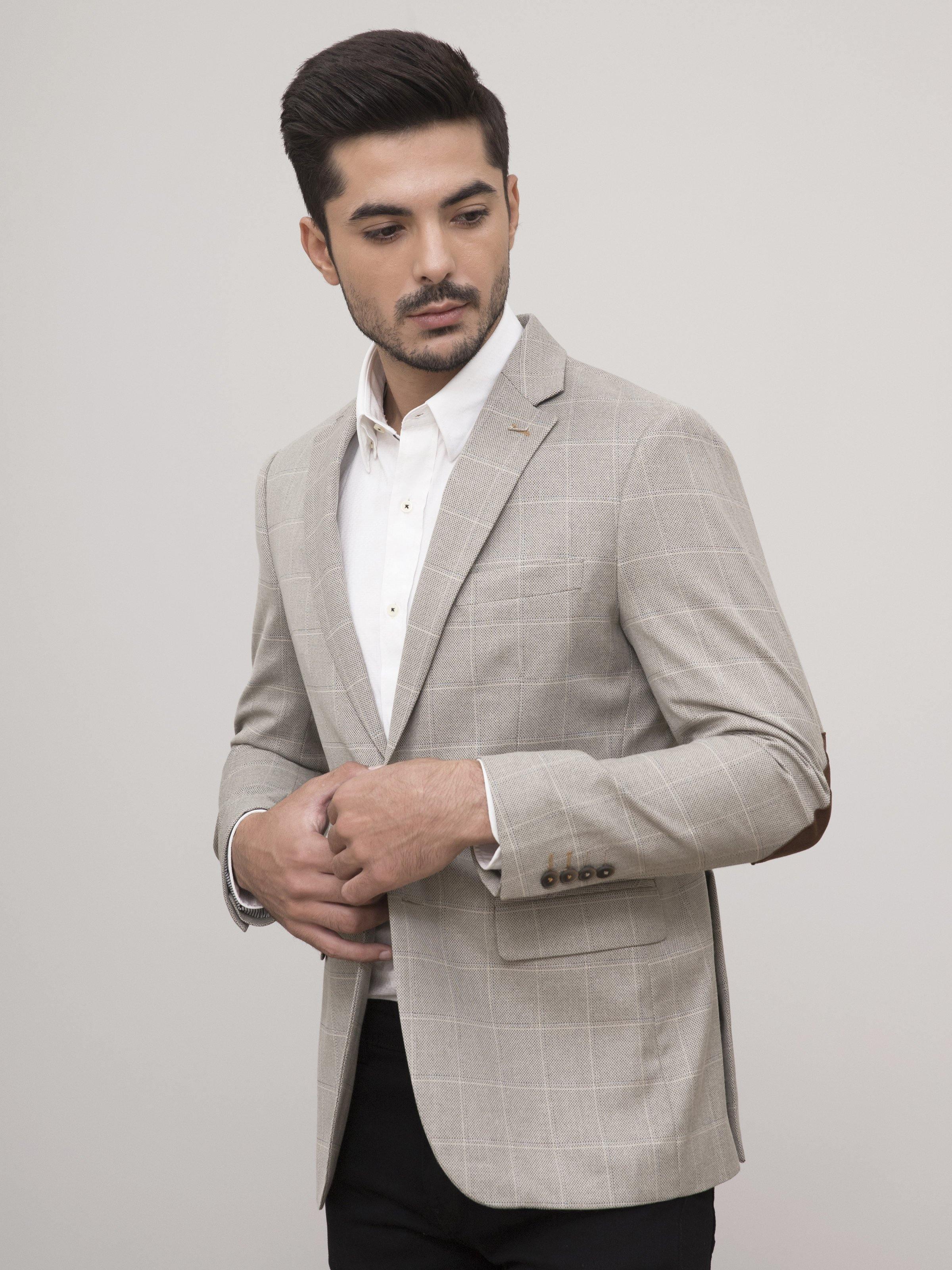 Men's slim-fit tan plaid blazer, two-button front, flap pockets, notch lapels
