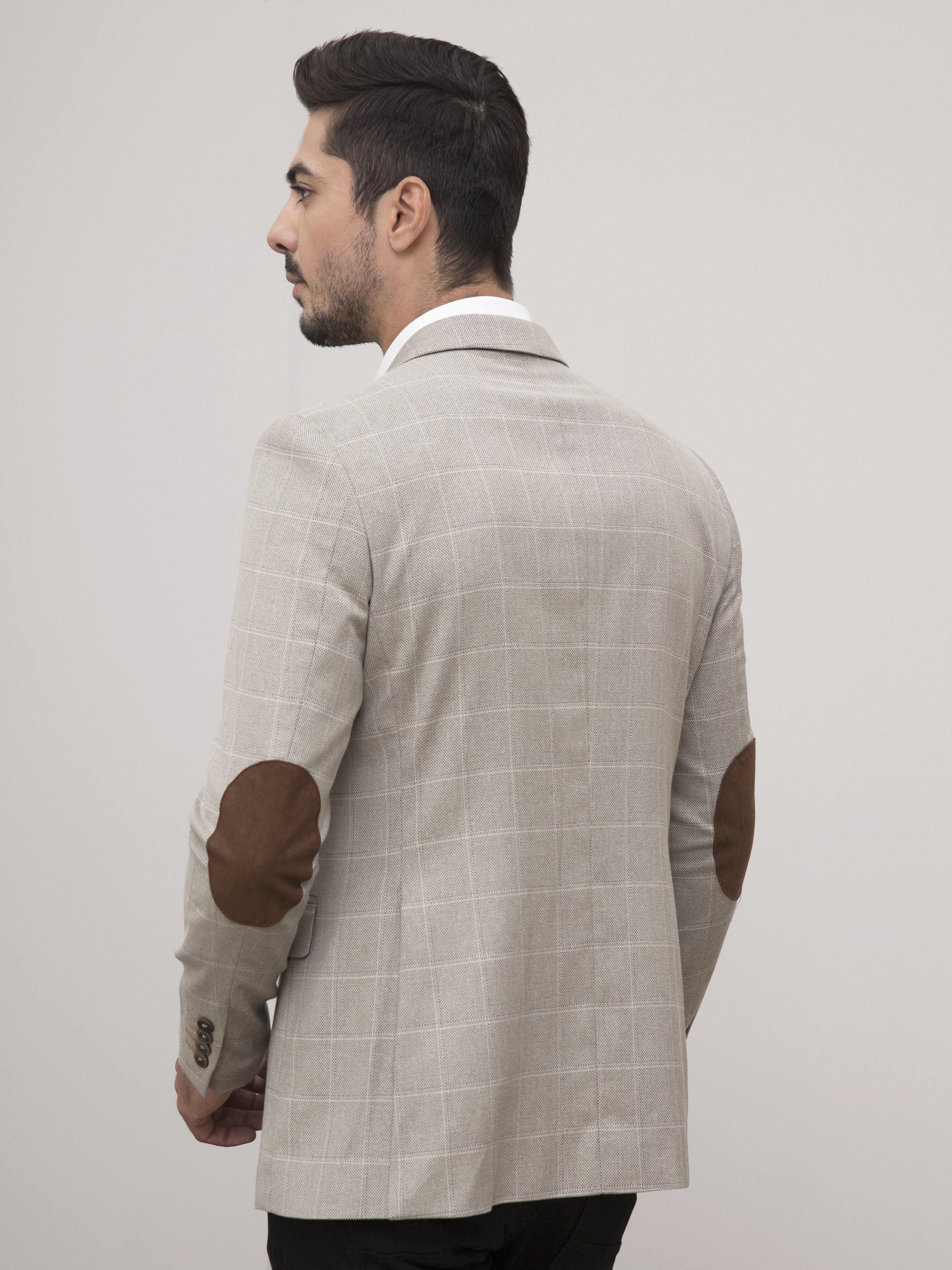 Men's slim-fit tan plaid blazer back view with single vent and notch collar