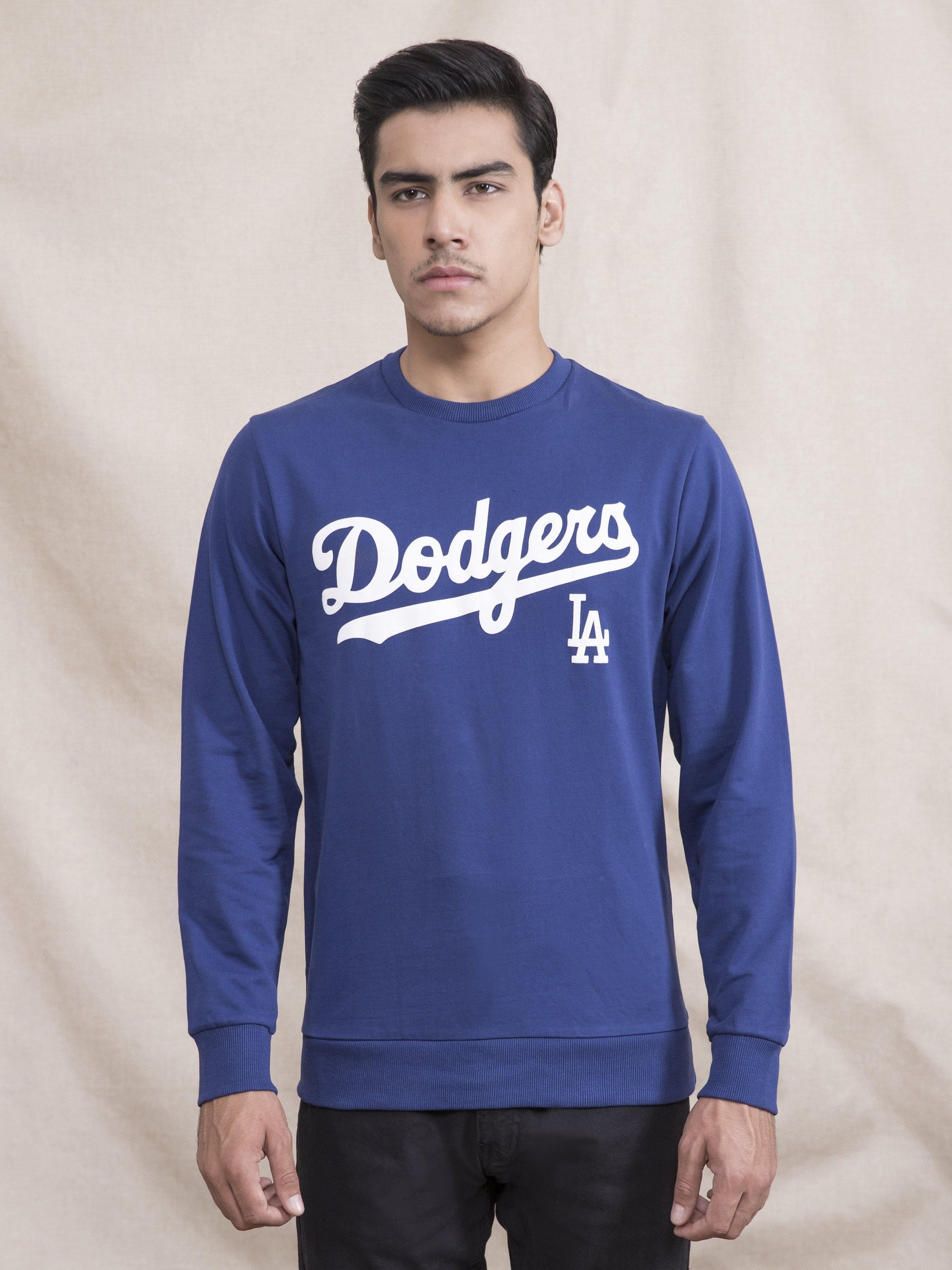 Indigo crewneck sweatshirt with white Dodgers and LA print, long sleeves