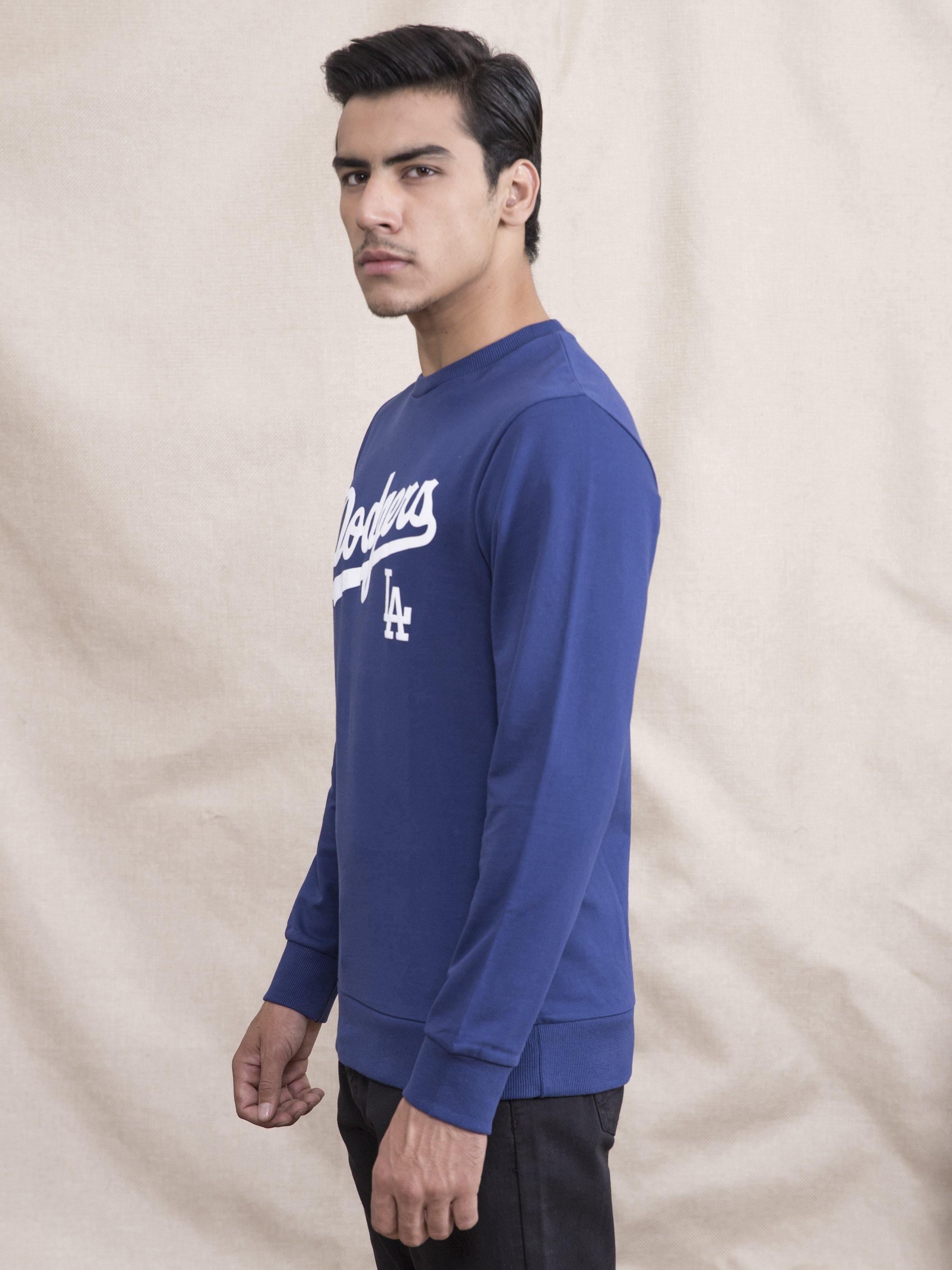 Indigo crewneck sweatshirt with white Dodgers and LA front graphic, long sleeves