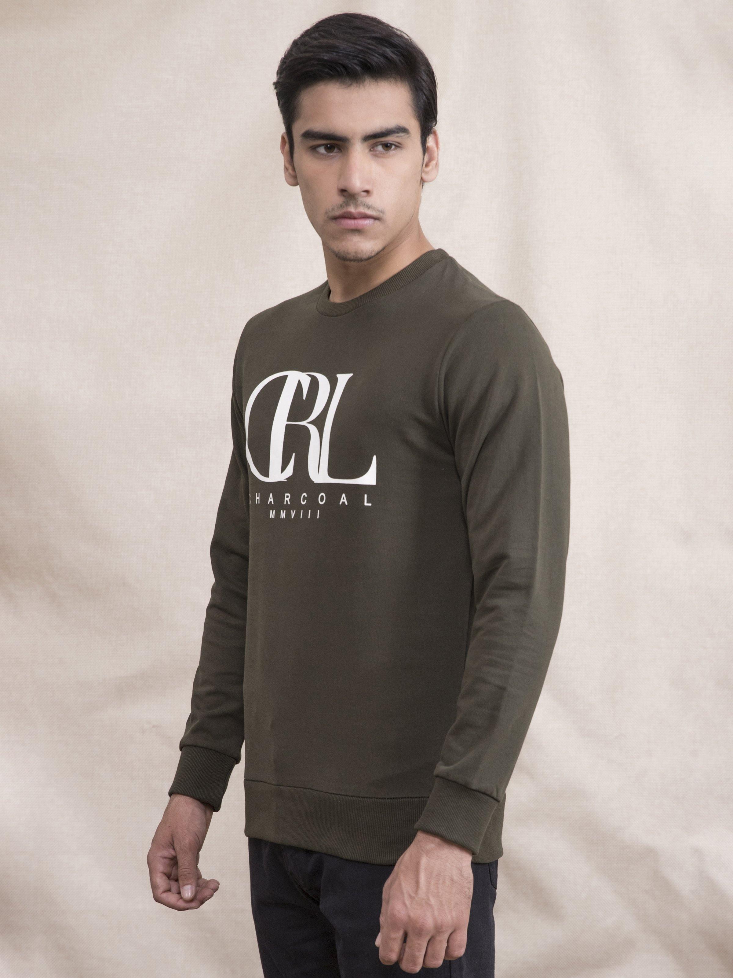 SWEAT SHIRT PRINTED FULL SLEEVE OLIVE at Charcoal Clothing